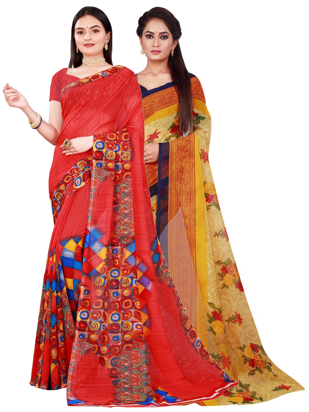

SAADHVI Red & Blue Pure Georgette Saree