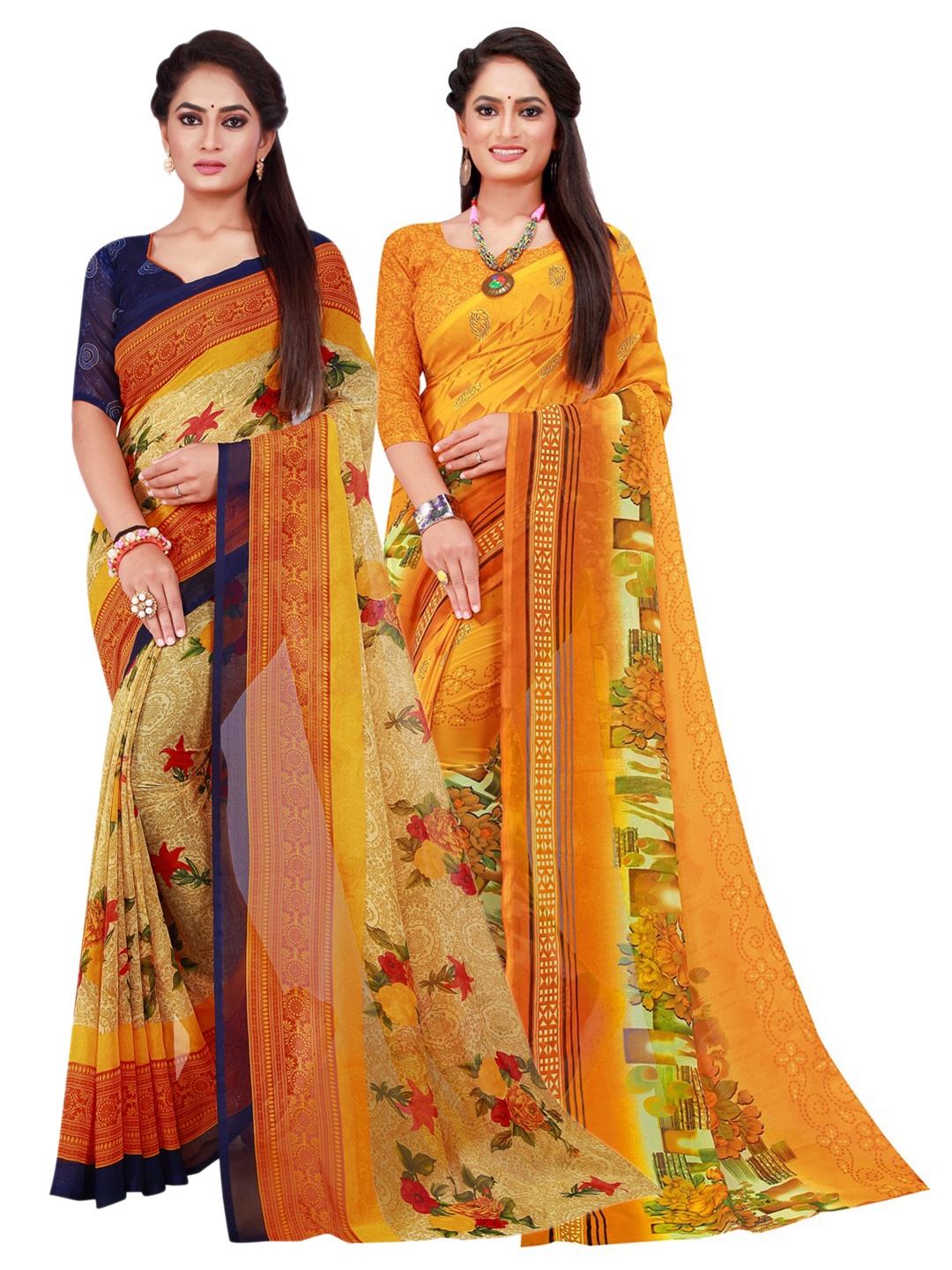 

SAADHVI Beige & Blue Pure Georgette Saree