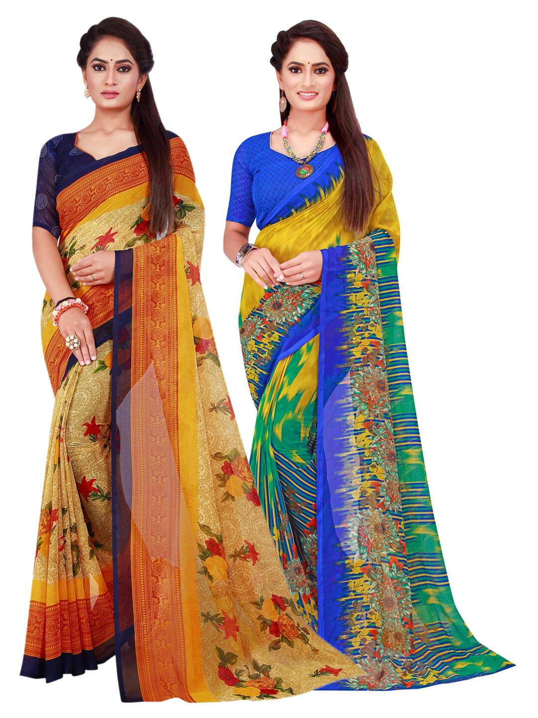 

SAADHVI Beige & Blue Pure Georgette Saree
