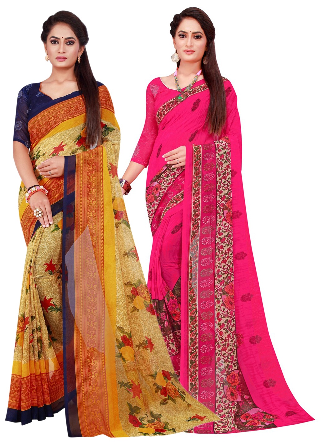 

SAADHVI Beige & Magenta Pure Georgette Saree