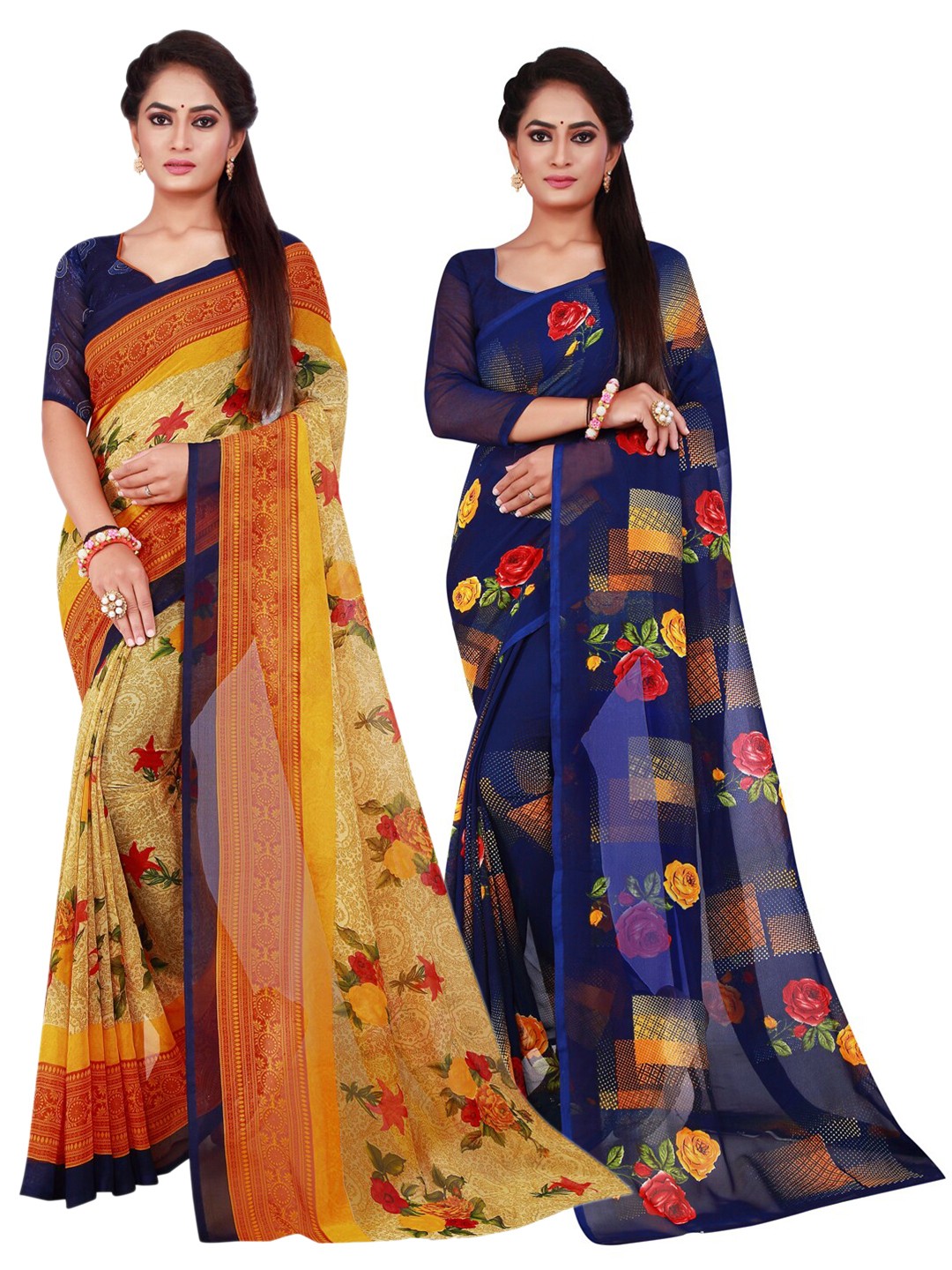 

SAADHVI Beige & Blue Pure Georgette Saree