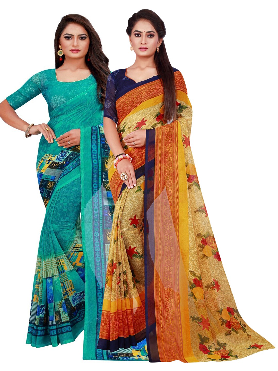 

SAADHVI Turquoise Blue & Beige Pure Georgette Saree