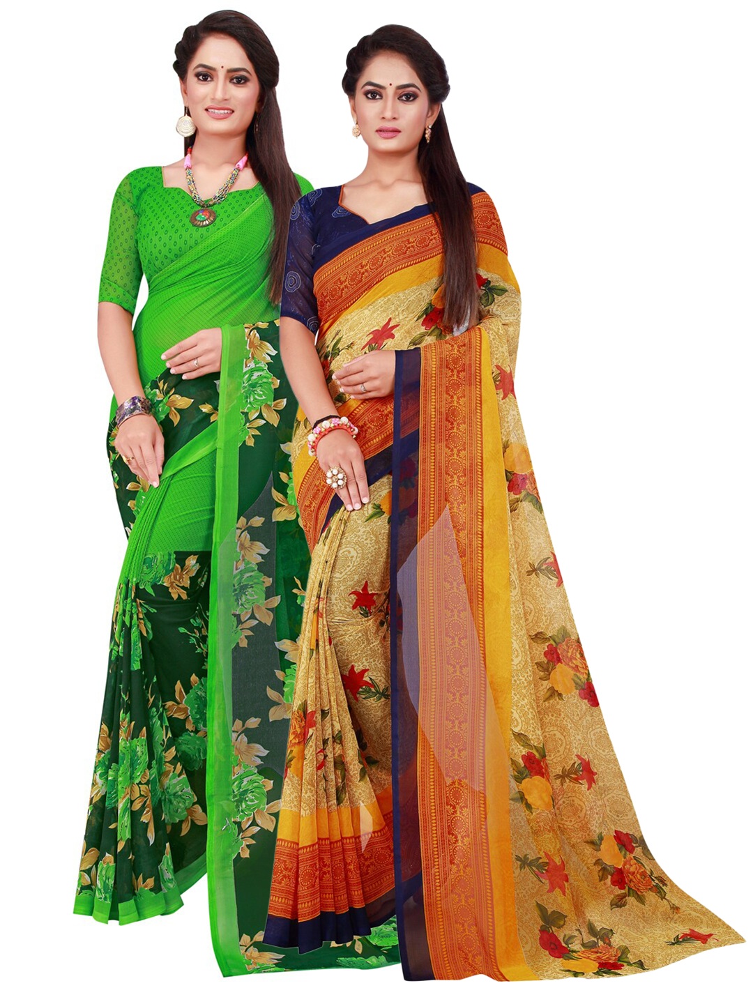 

SAADHVI Beige & Green Pure Georgette Saree