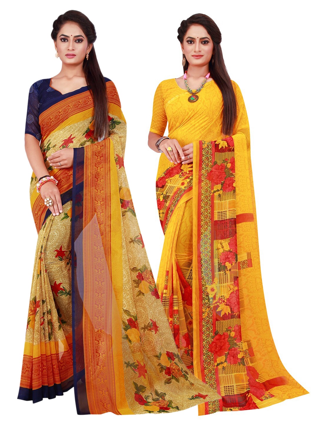 

SAADHVI Yellow & Beige Pure Georgette Saree