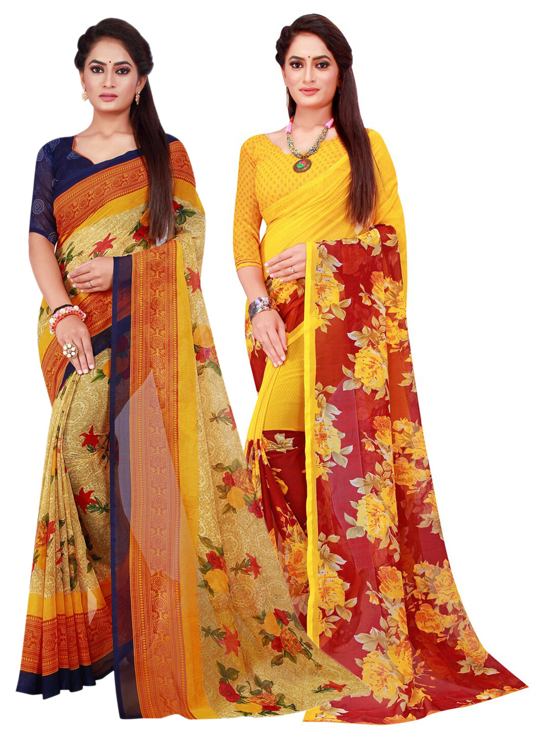 

SAADHVI Beige & Yellow Pure Georgette Saree