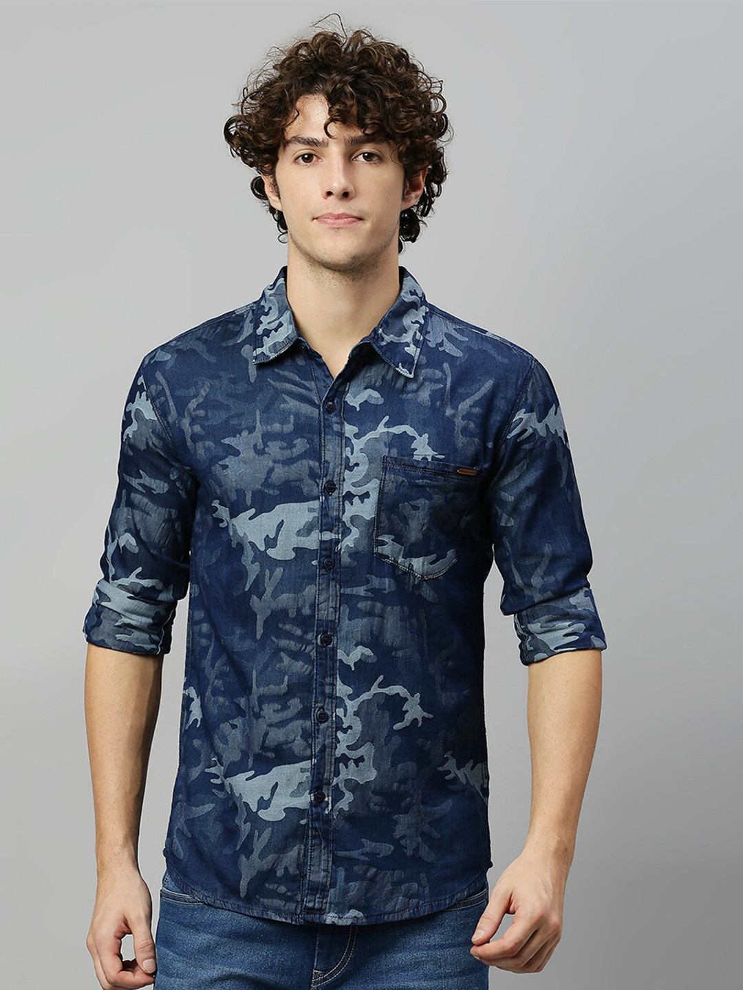 

High Star Men Blue Slim Fit Abstract Printed Denim Casual Shirt
