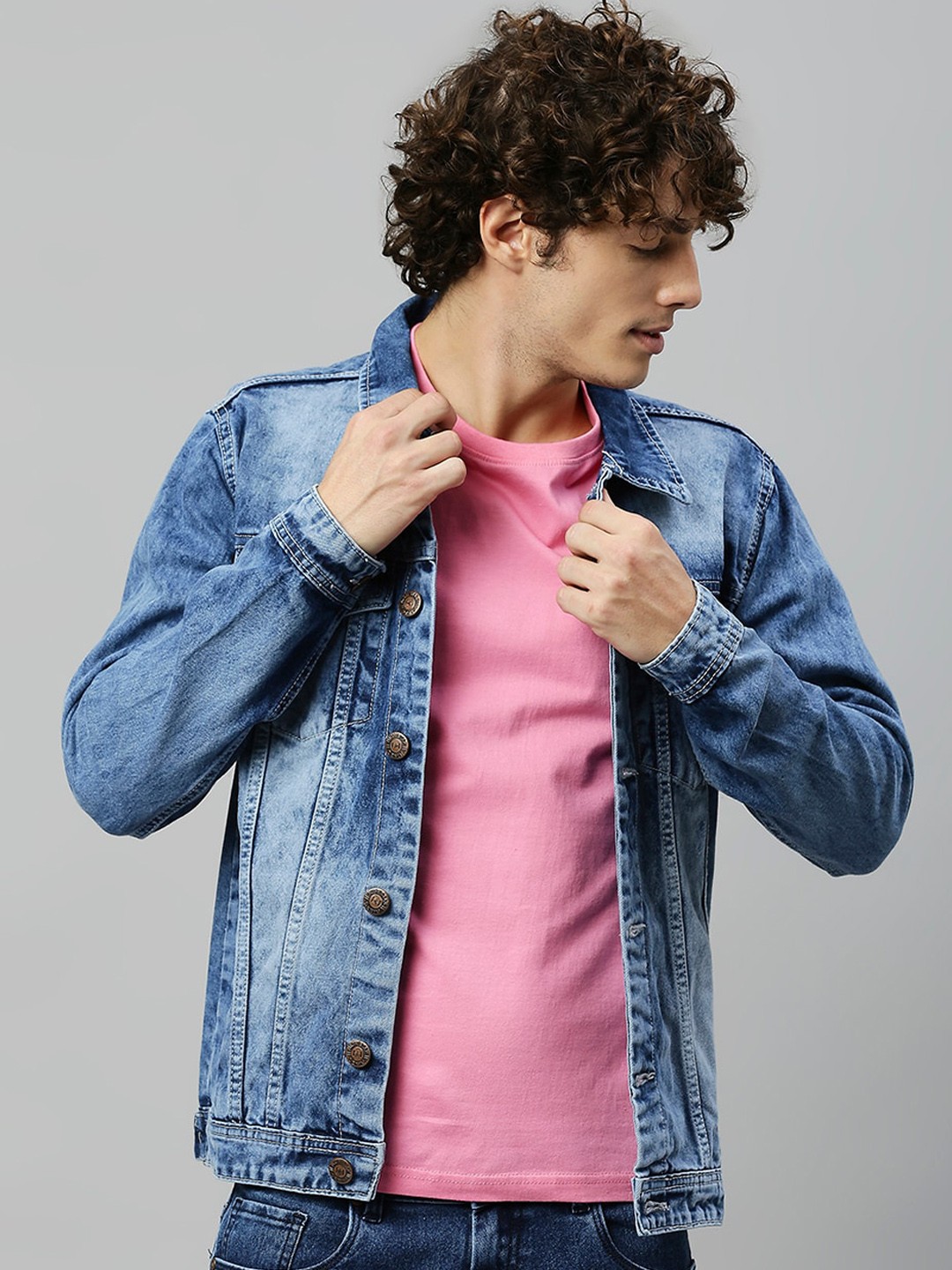 

High Star Men Blue Washed Denim Jacket with Embroidered