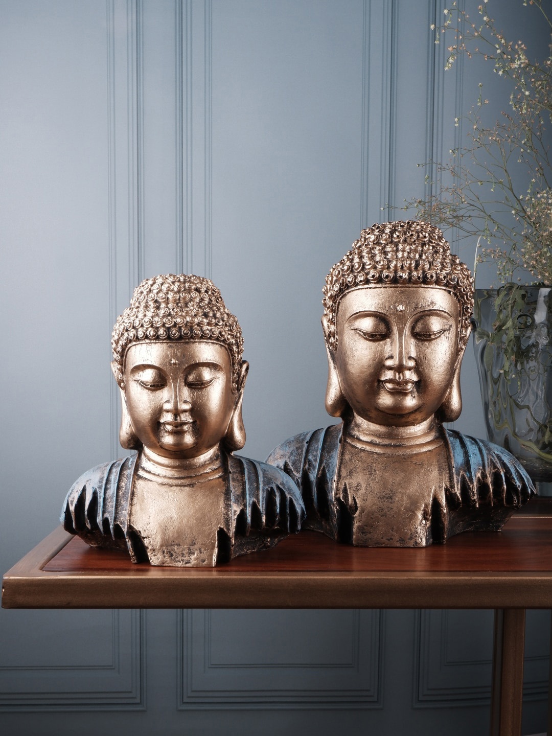 

THE WHITE INK DECOR Set Of 2 Brown & Blue Textured Buddha Showpiece