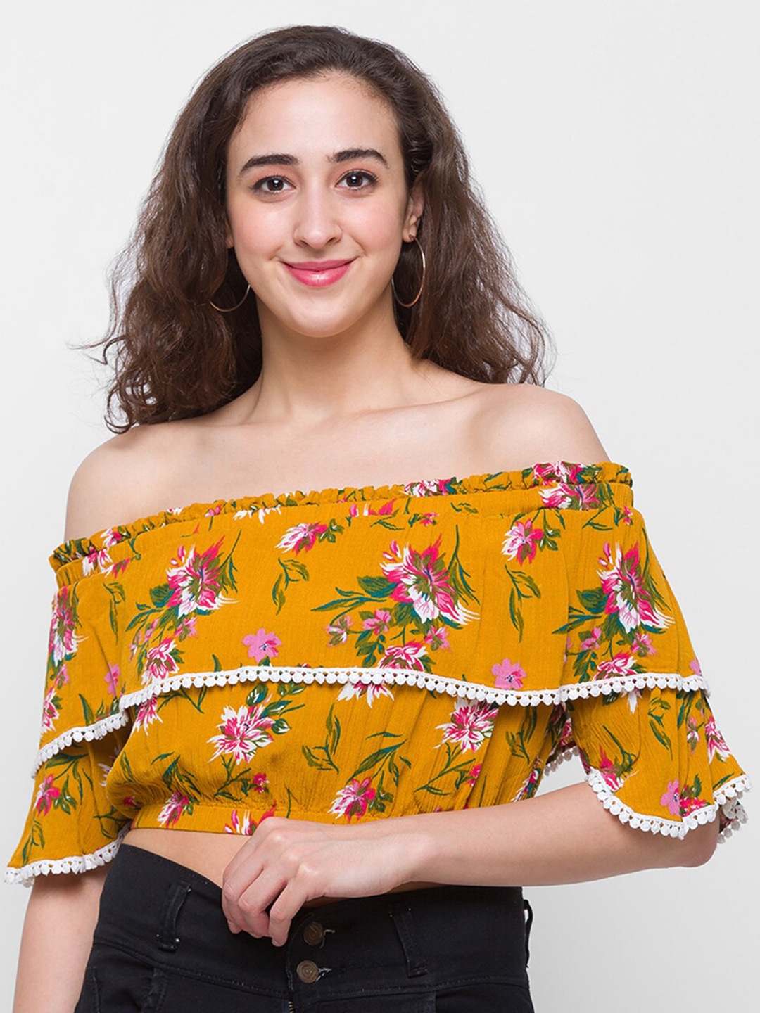 

Globus Yellow & harvest gold Floral Print Off-Shoulder Bardot Crop Top