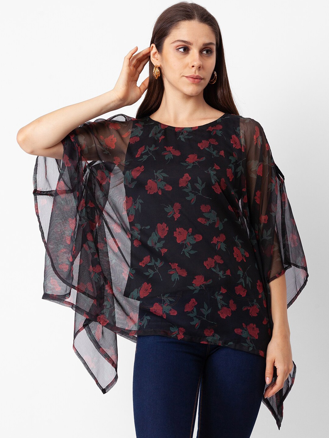 

Globus Women Multi Black Floral Printed Kaftan Longline Top