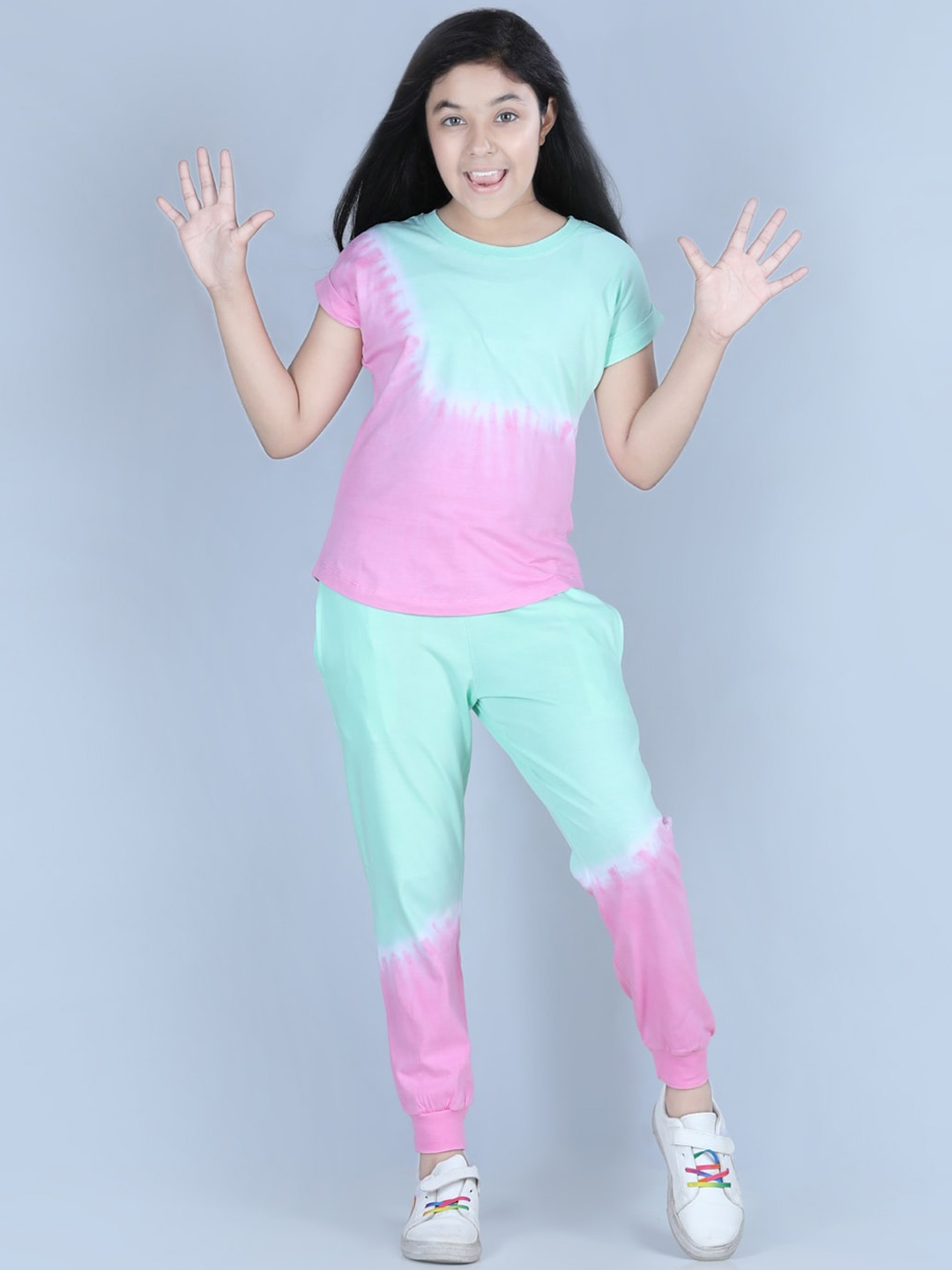 

StyleStone Girls Pink & Blue Tie & Dyed Cotton Tracksuit