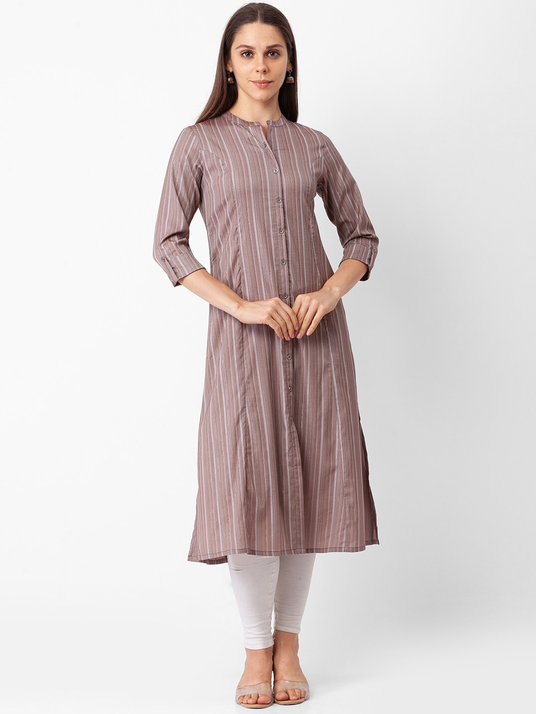 

Globus Women Brown Striped Thread Work Dobby Kurta
