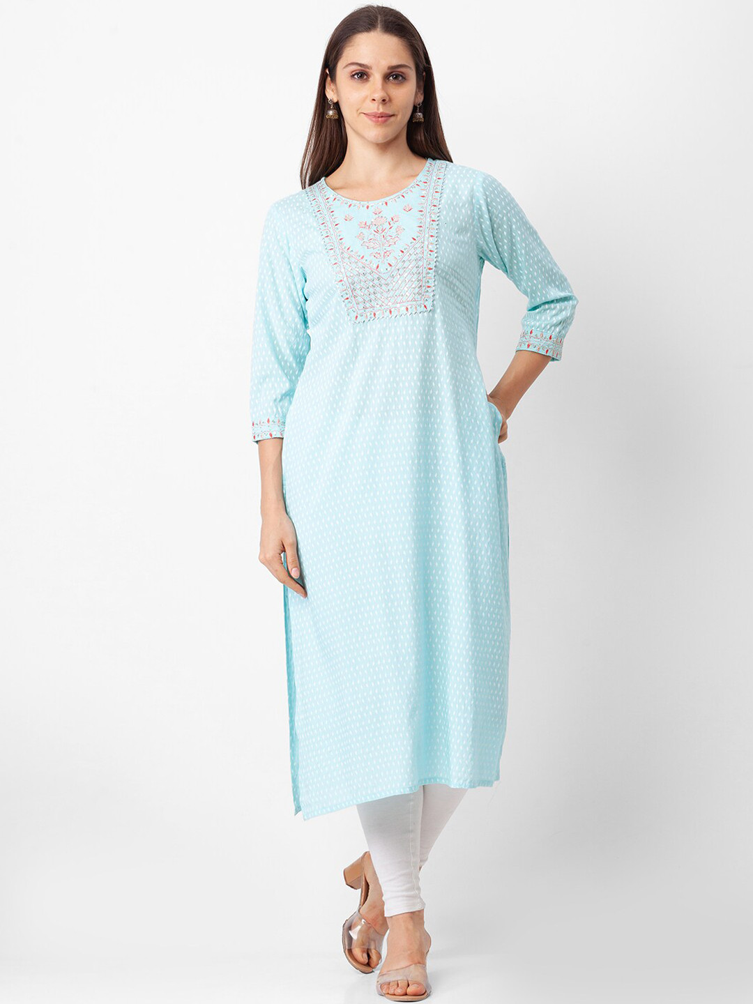 

Globus Women Blue Geometric Printed Thread Work Kurta