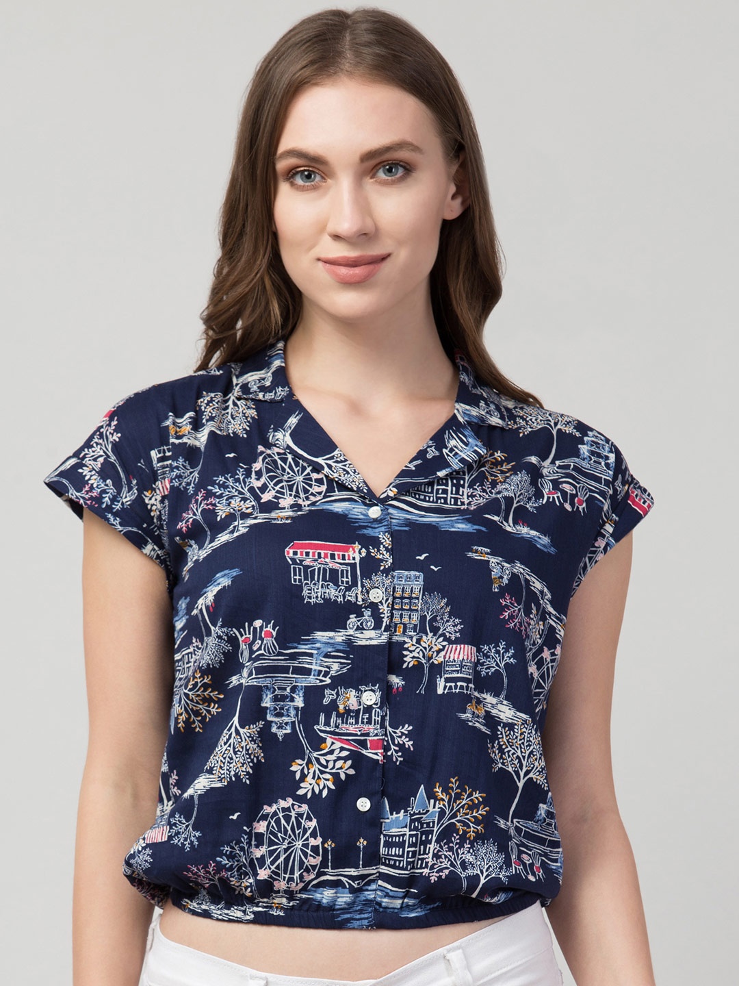 

Hive91 Blue & space cadet Floral Print Tropical Blouson Crop Top