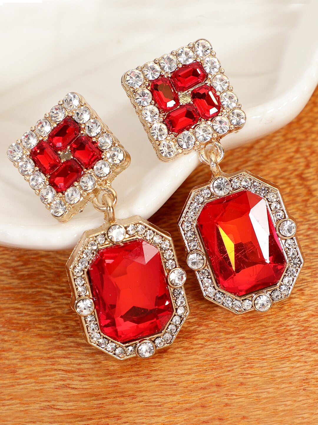 

AQUASTREET Gold-Plated Red Geometric Drop Earrings