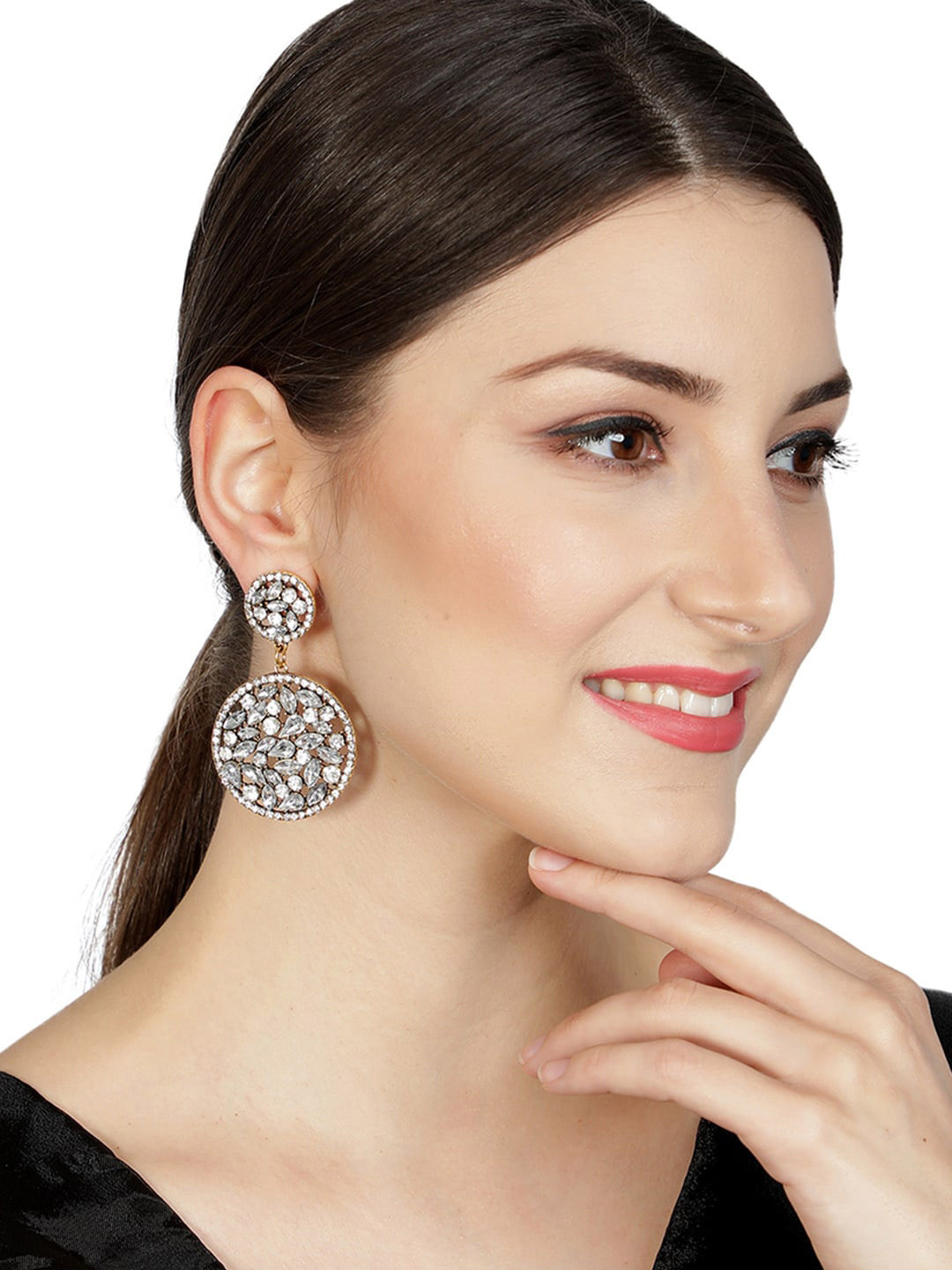 

AQUASTREET Antique Gold White Crystals Round Drop Earrings