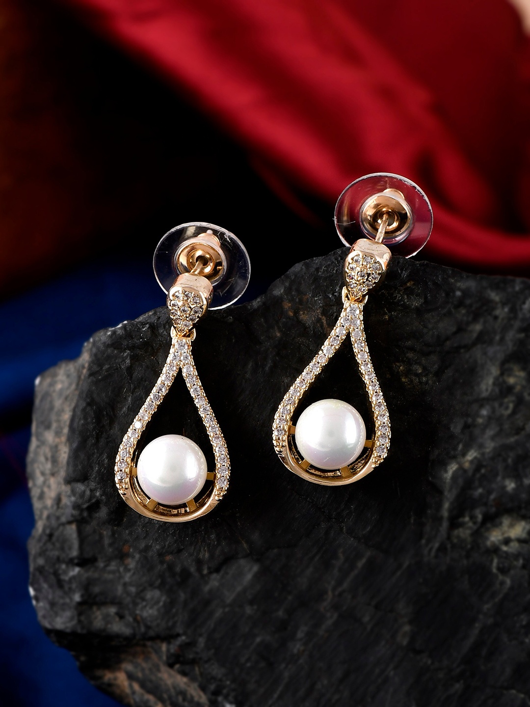 

AQUASTREET White Teardrop Zircon Studded Pearl Drop Earrings