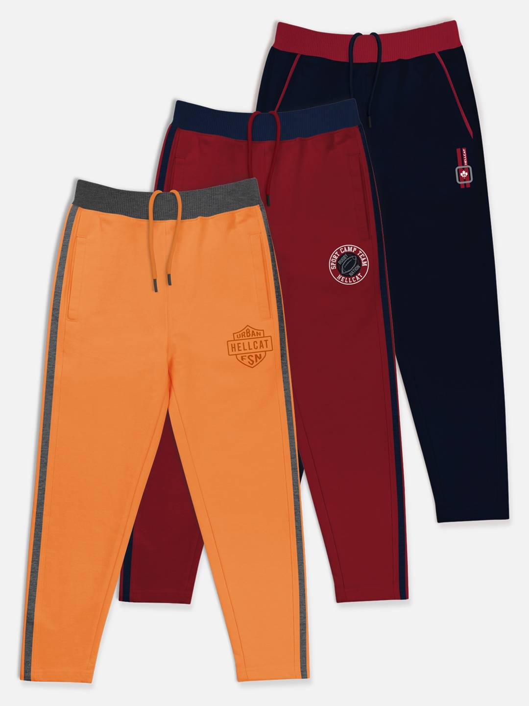 

HELLCAT Boys Set Of 3 Graphic Printed Pure Cotton Track Pants, Orange
