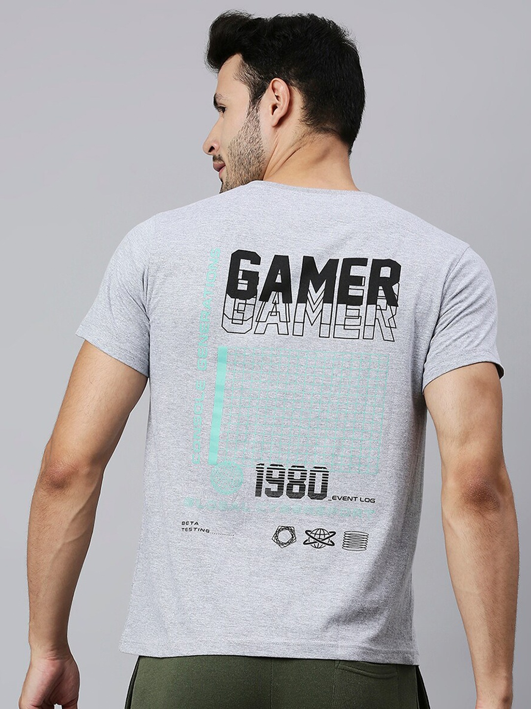 

High Star Men Grey & lilac hint Typography Printed T-shirt