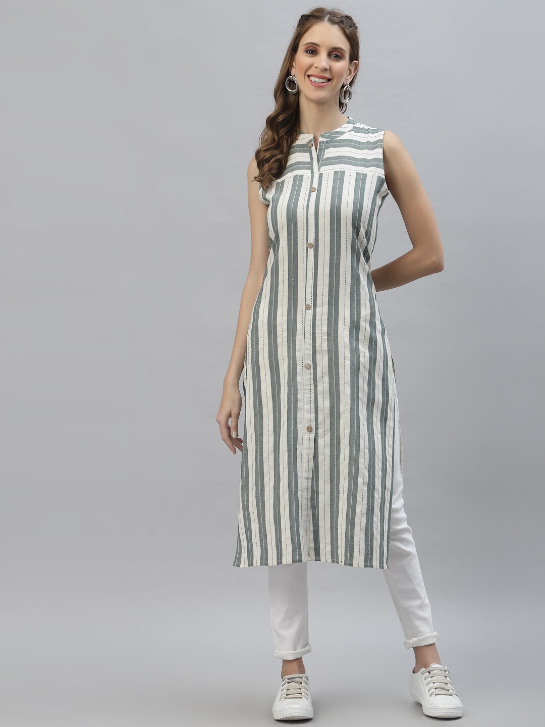 

Stylum Women Off White Striped Mandarin Collar Dobby Kurta