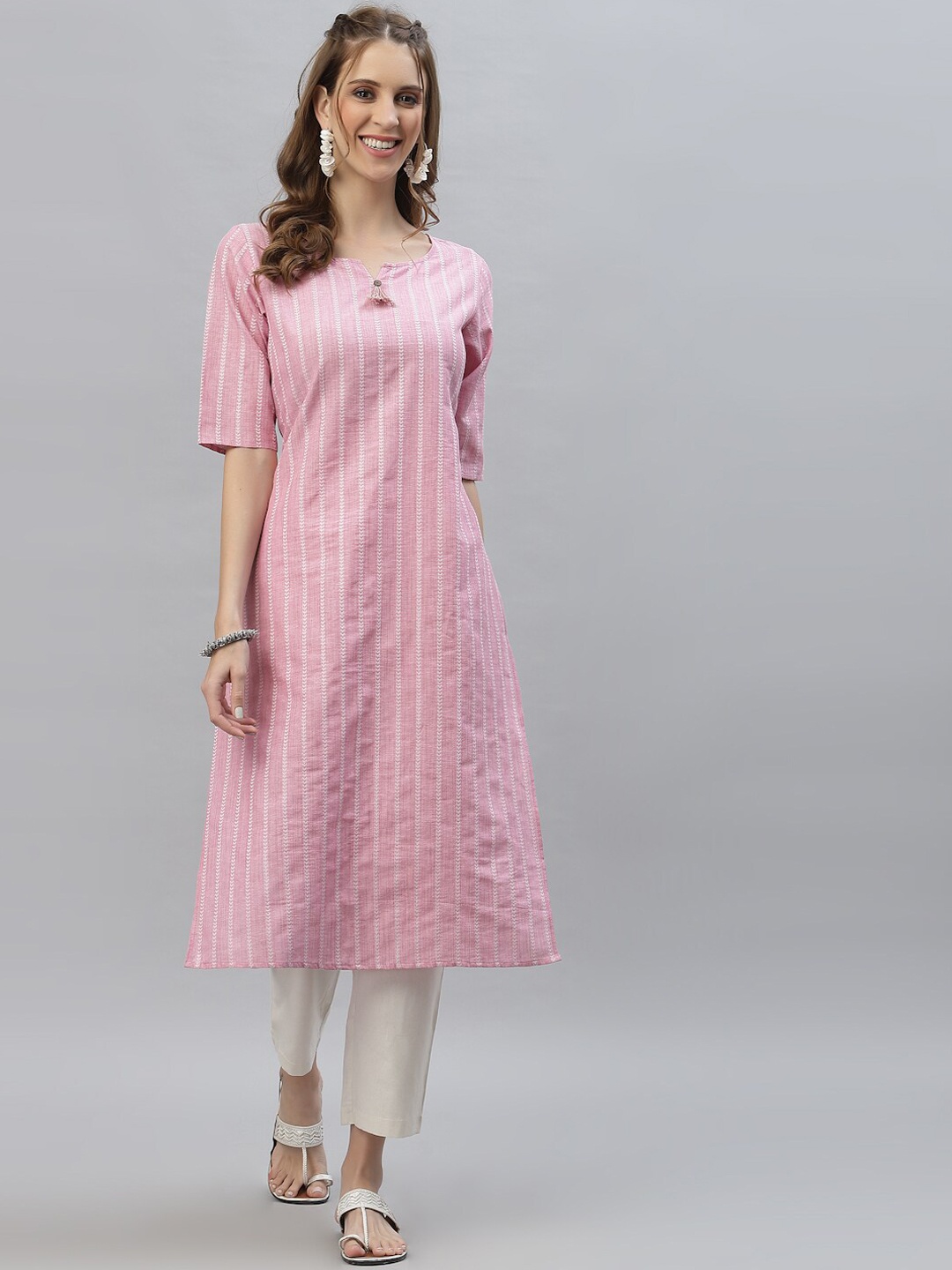 

Stylum Women Pink Striped Cotton Blend Straight Dobby Kurta