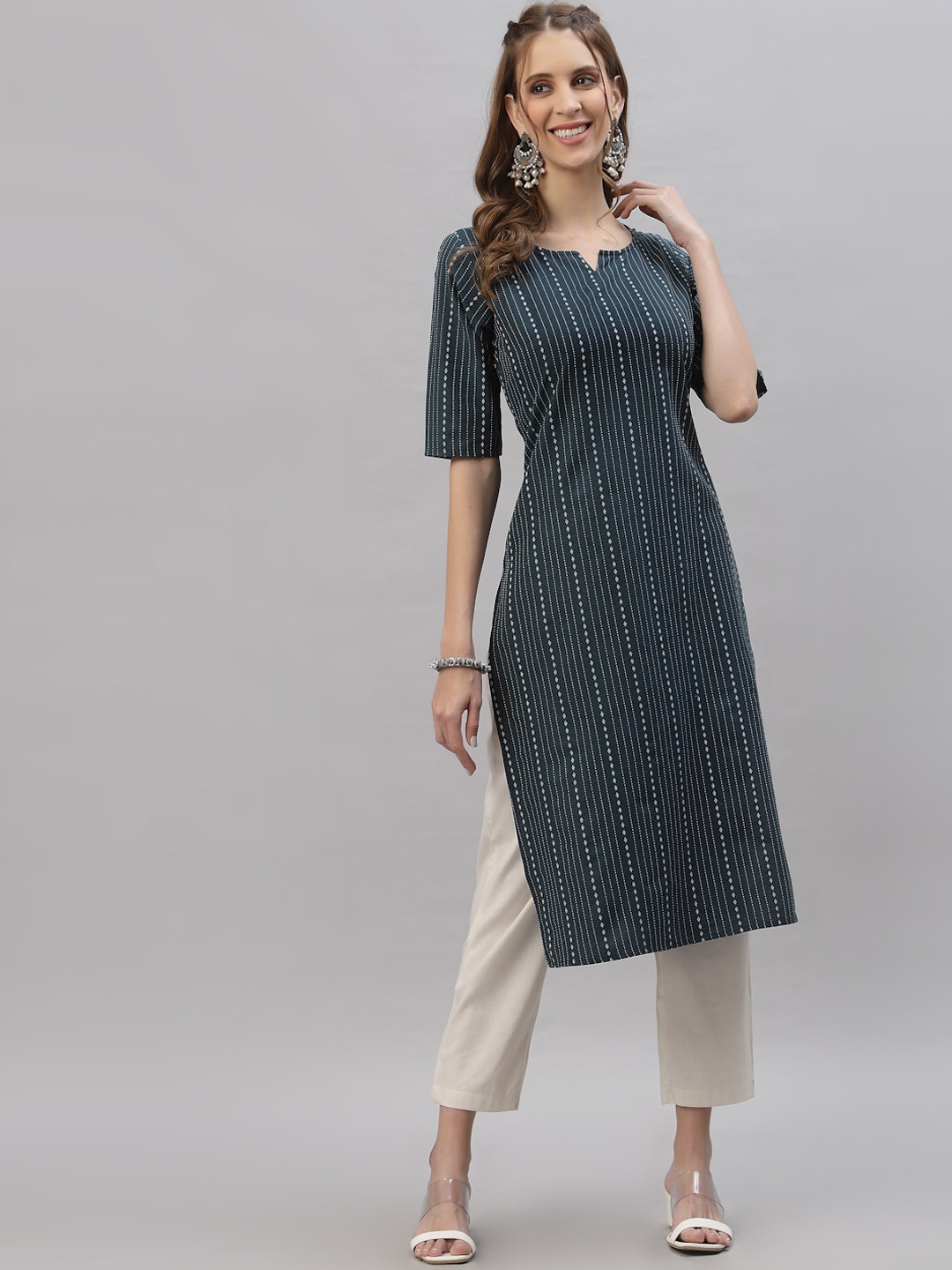 

Stylum Women Teal Striped Thread Work Dobby Kurta