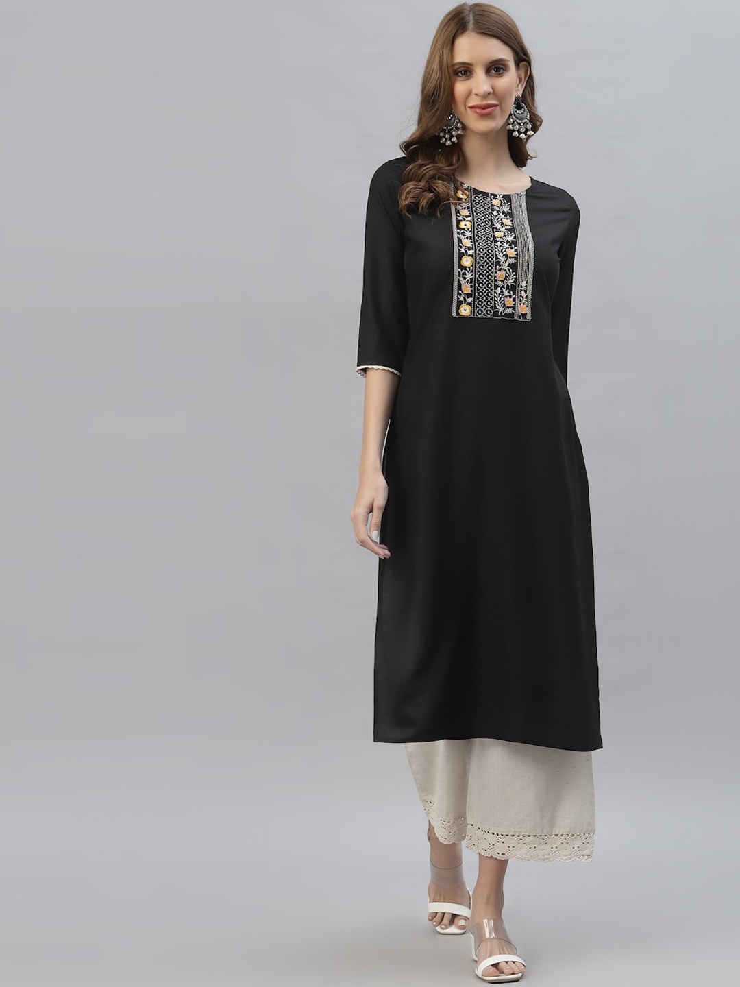 

Stylum Women Black Floral Yoke Design Mirror Work Kurta