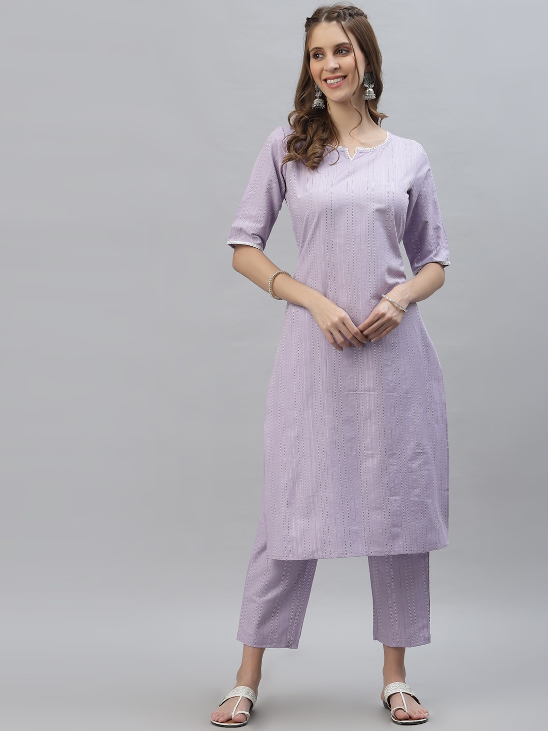 

Stylum Women Striped Woven Design Notch Neck Straight Kurta With Trousers, Mauve