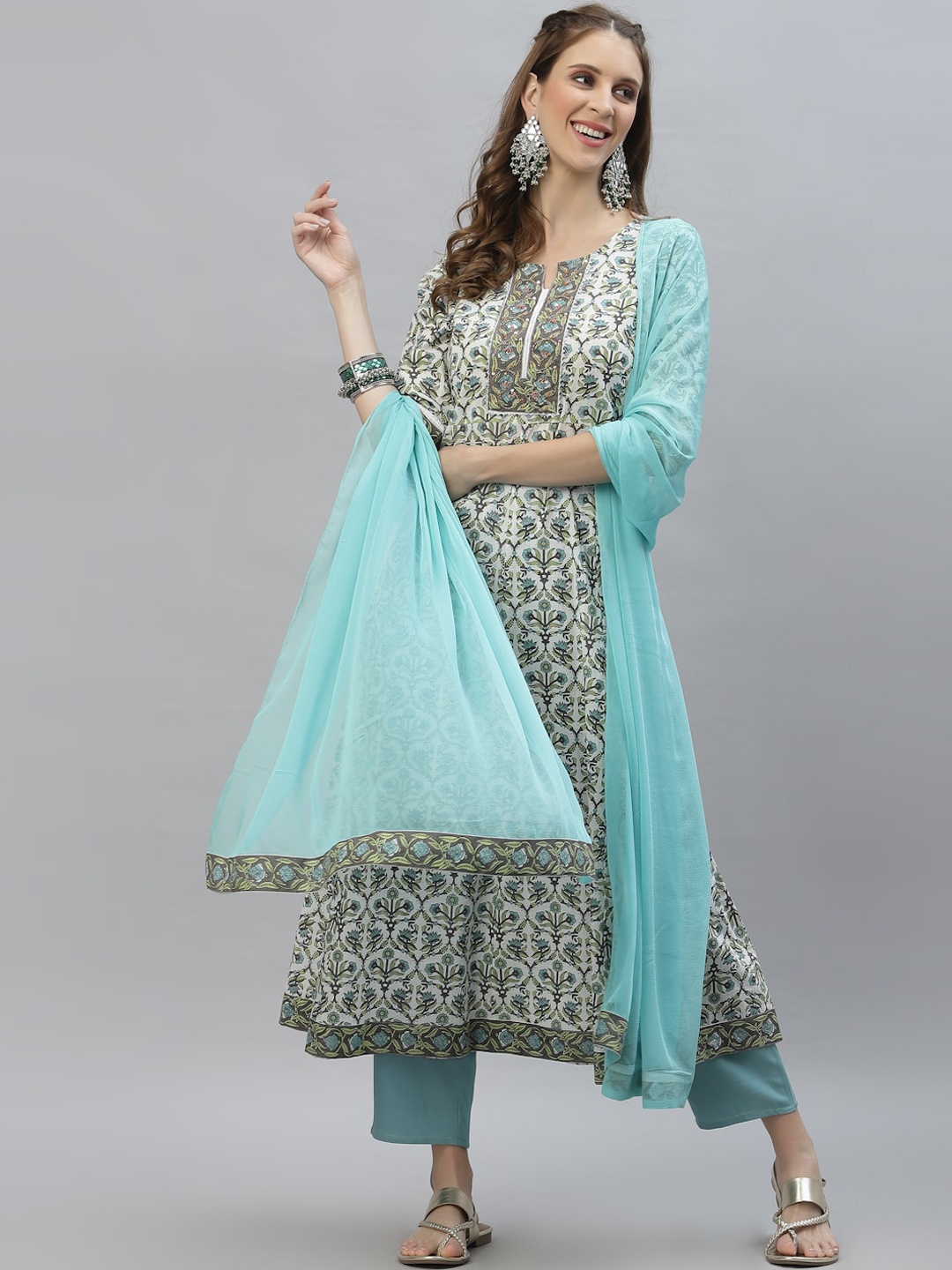 

Stylum Women White Ethnic Motifs Printed Panelled Beads and Stones Pure Cotton Kurti with Trousers & With