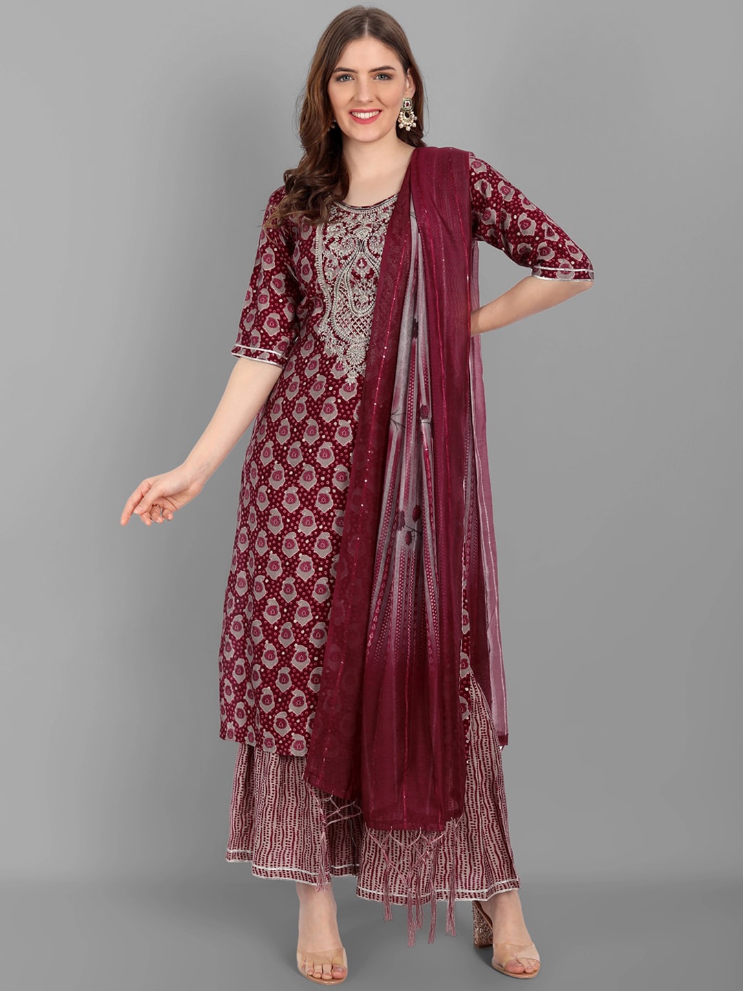 

V TRADITION Women Maroon Ethnic Motifs Printed Panelled Gotta Patti Kurta with Sharara & With Dupatta