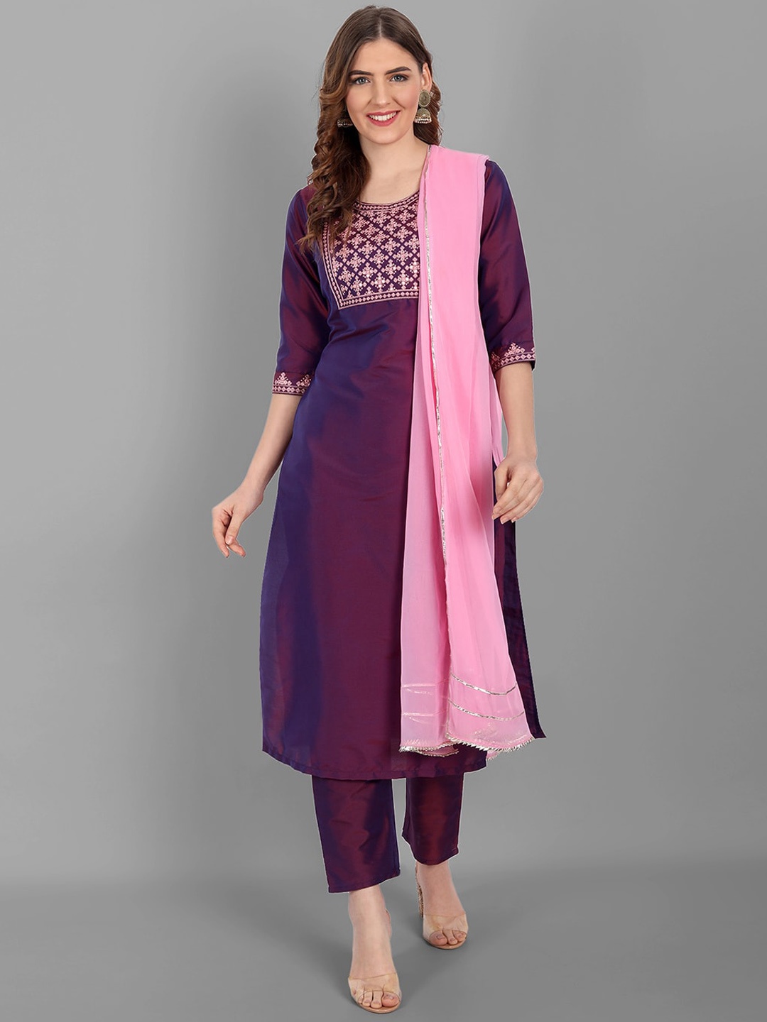 

V TRADITION Women Purple Ethnic Motifs Yoke Design Mirror Work Kurta with Trousers & With Dupatta