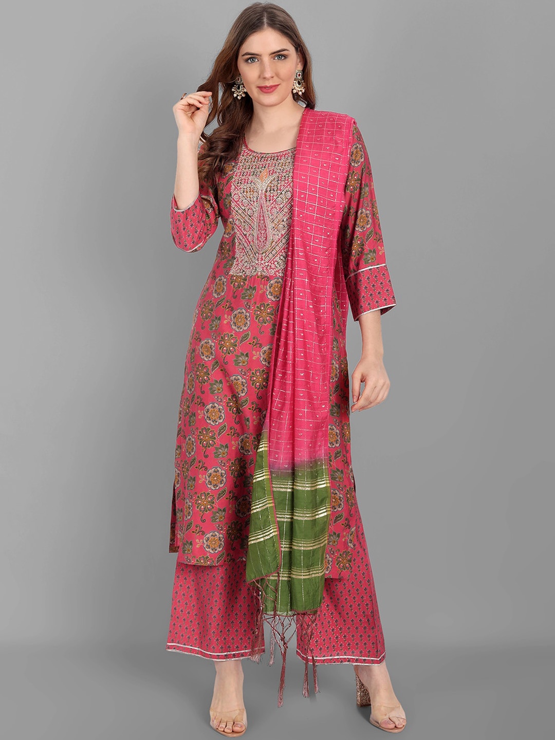 

V TRADITION Women Pink Ethnic Motifs Printed Kurta with Palazzos & With Dupatta
