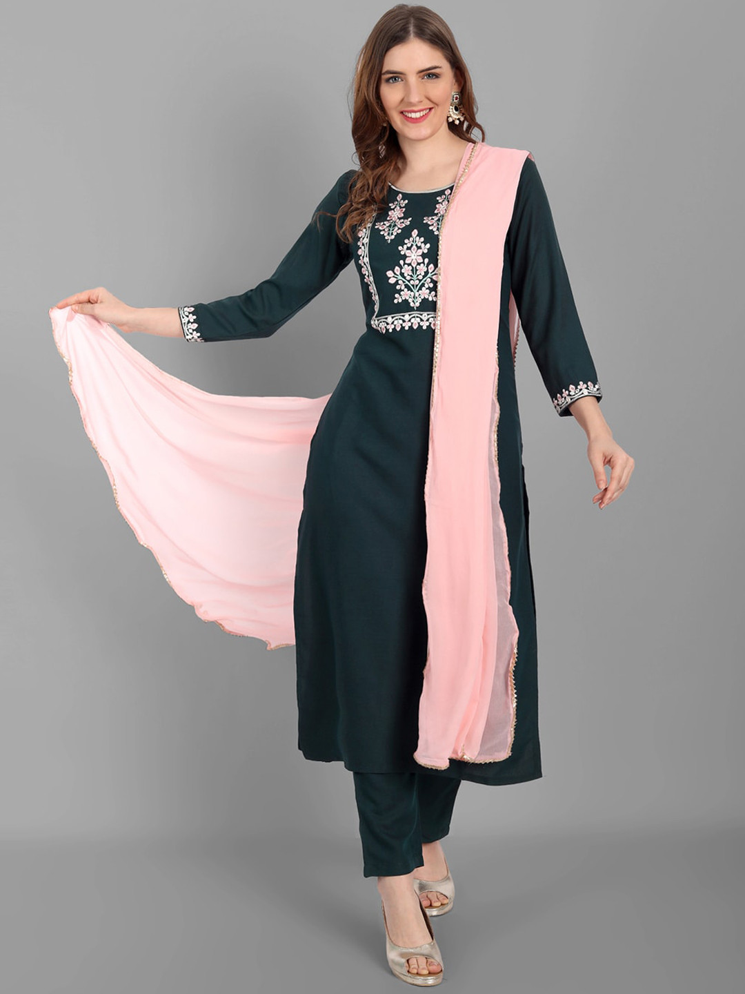 

V TRADITION Women Teal Yoke Design Layered Thread Work Kurta with Trousers & With Dupatta