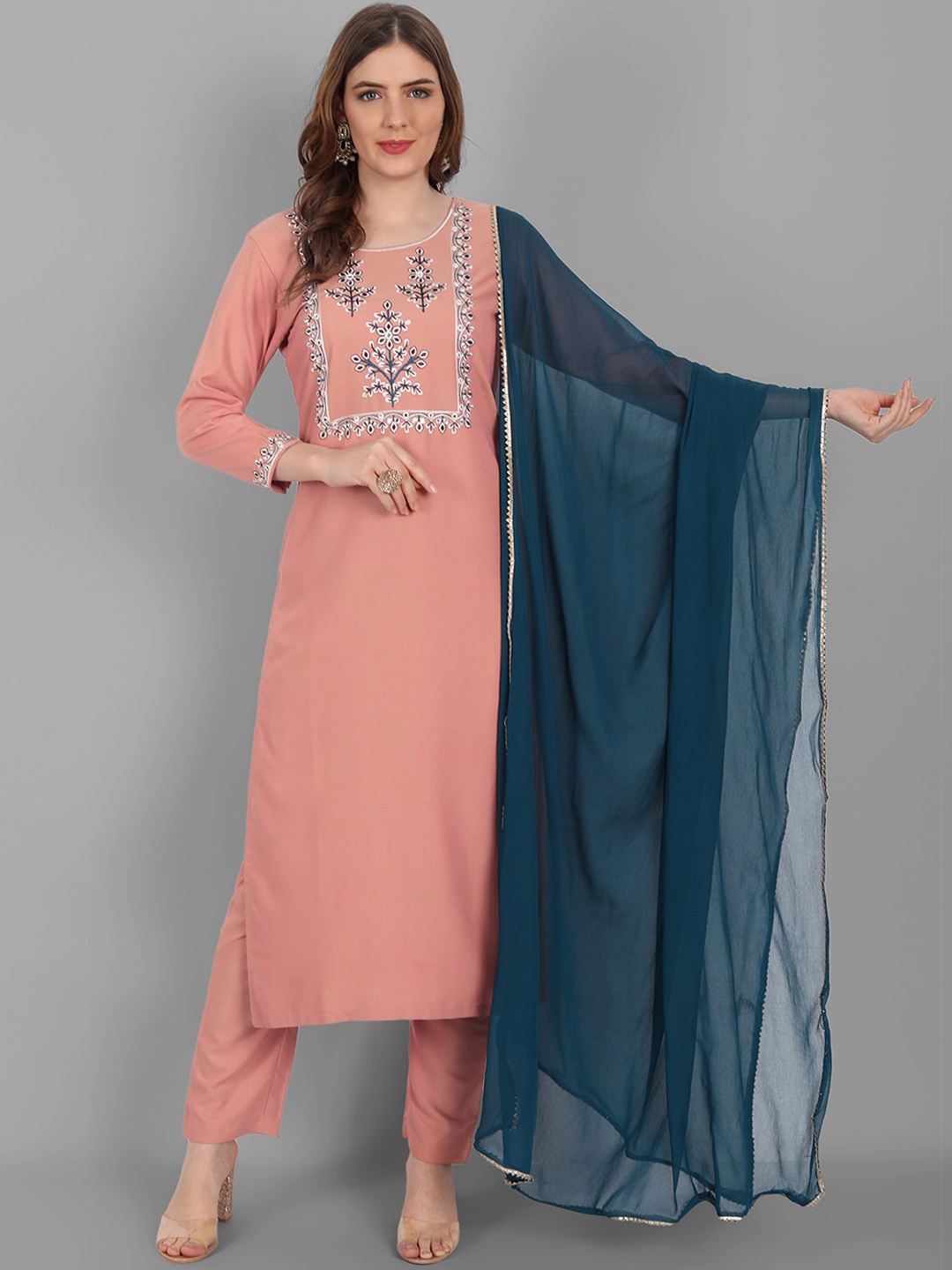 

V TRADITION Women Nude-Coloured Floral Embroidered Kurta with Trousers & With Dupatta