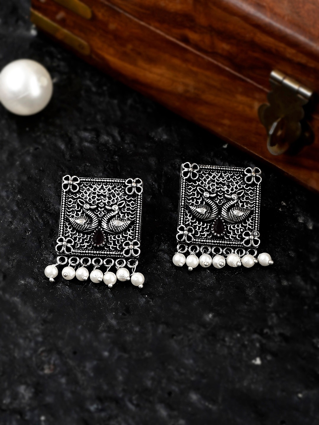 

AQUASTREET JEWELS Silver-Plated & Black Oxidised Peacock design Stud Earrings