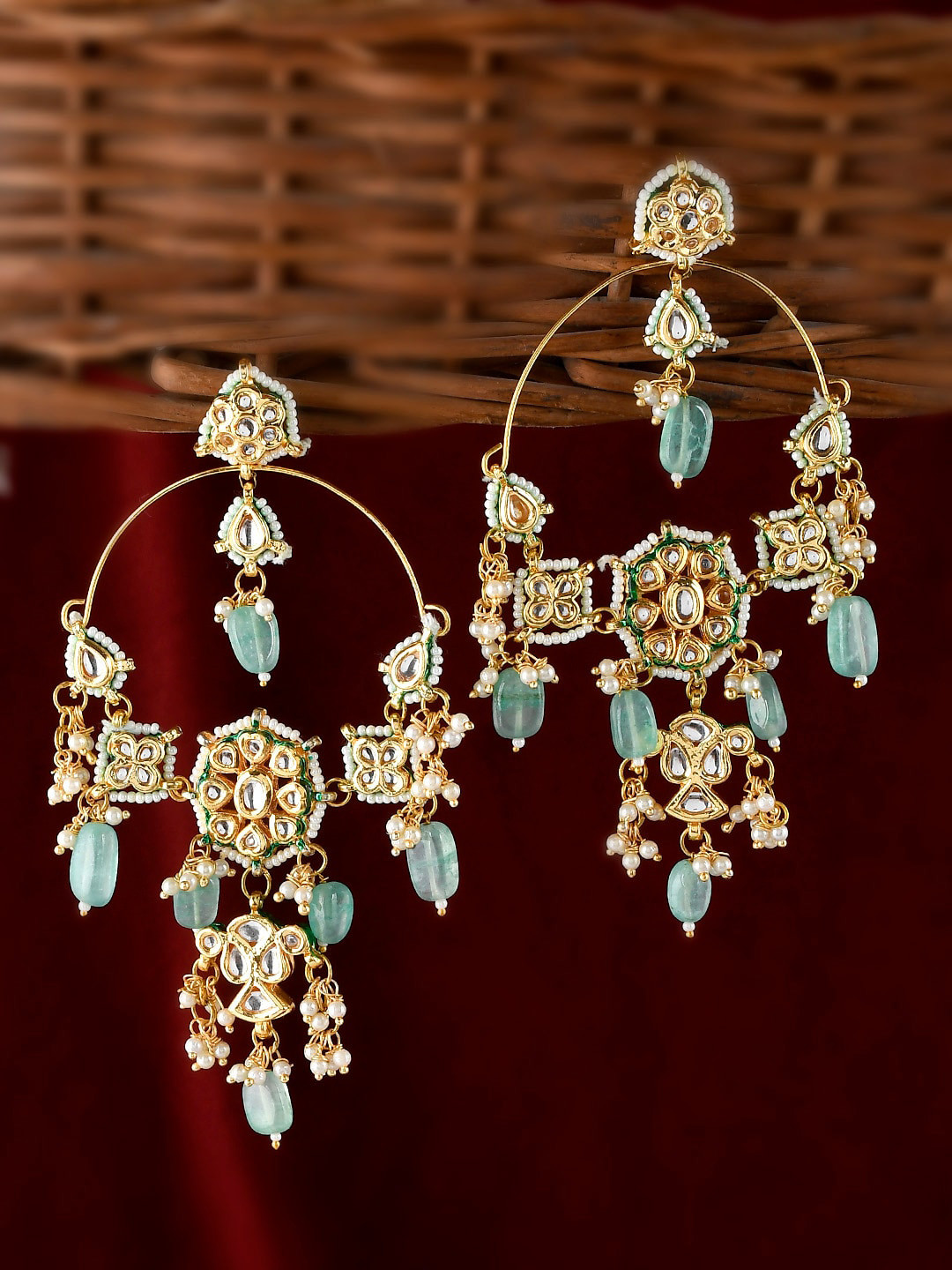 

AQUASTREET JEWELS Gold-Plated & Green Oversized Mint Green stones & Kundan Drop Dangle Earrings