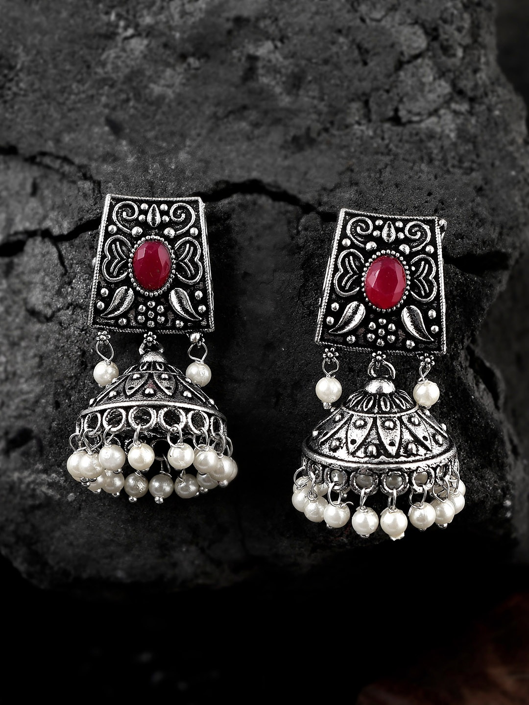 

AQUASTREET JEWELS Silver-Toned Oxidised Silver Red Stone Jhumki Earrings