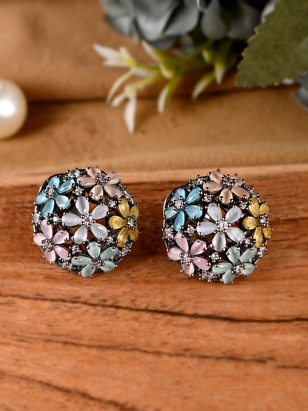 

AQUASTREET JEWELS Multicoloured Round Zircon Stone Stud Earrings, Multi