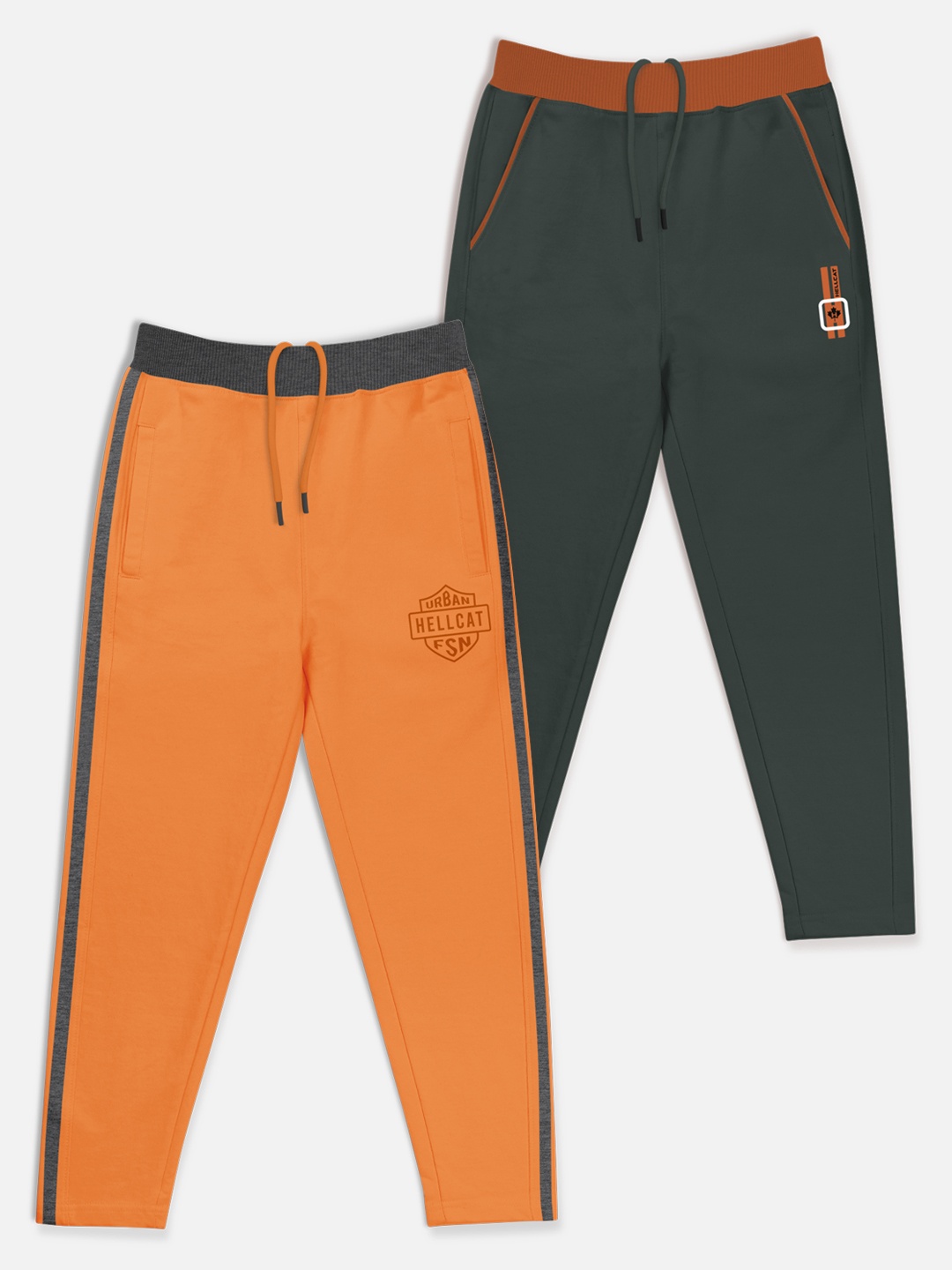 

HELLCAT Boys Pack of 2 Orange & Green Solid Track Pants