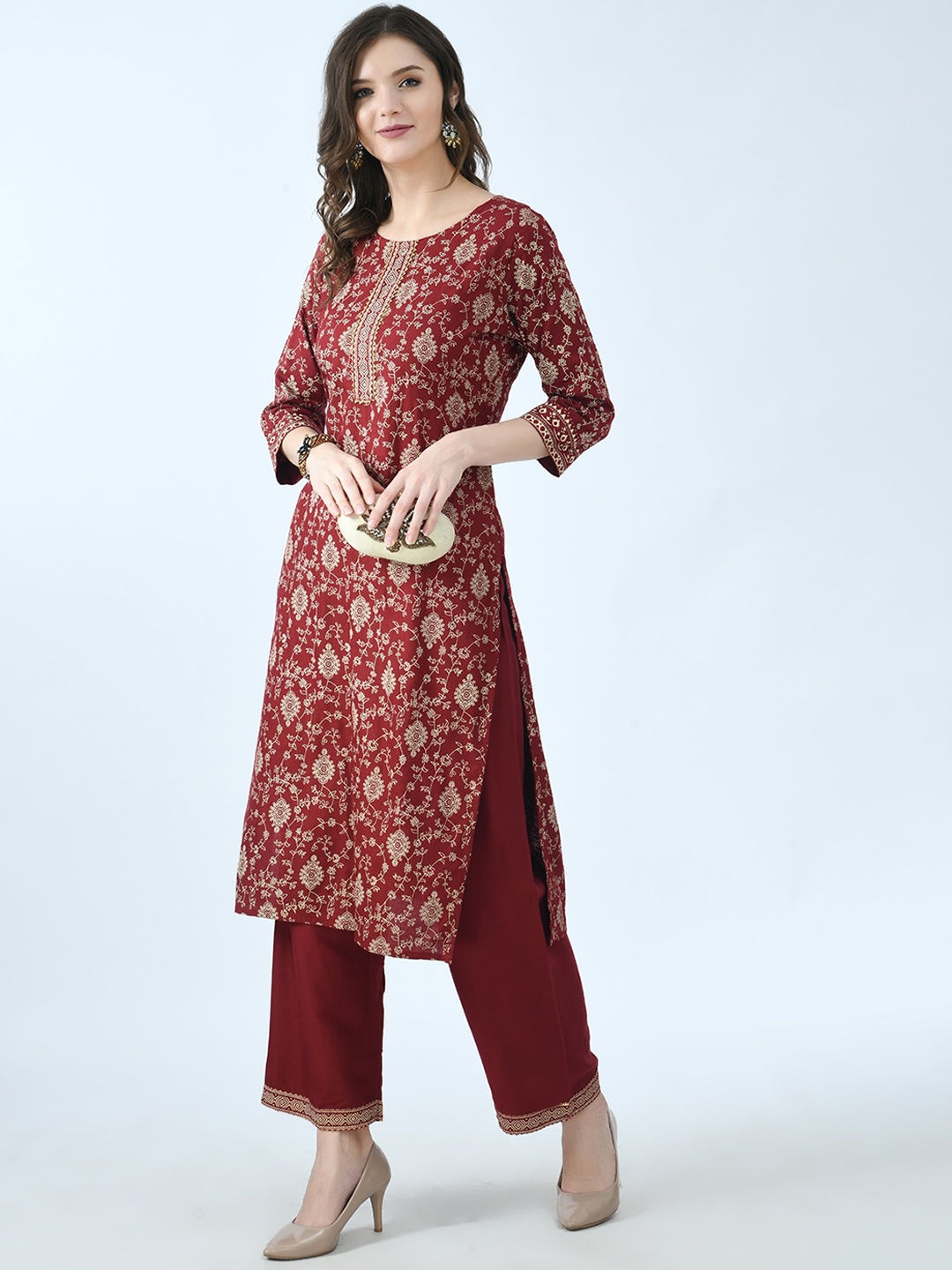 

MAFE Women Maroon Floral Printed Angrakha Kurta with Trousers