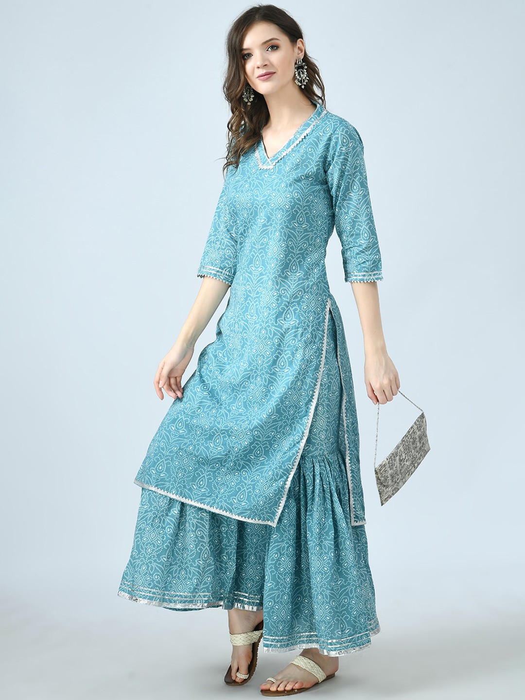 

MAFE Women Turquoise Blue Ethnic Motifs Printed Empire Pure Cotton Kurti with Skirt