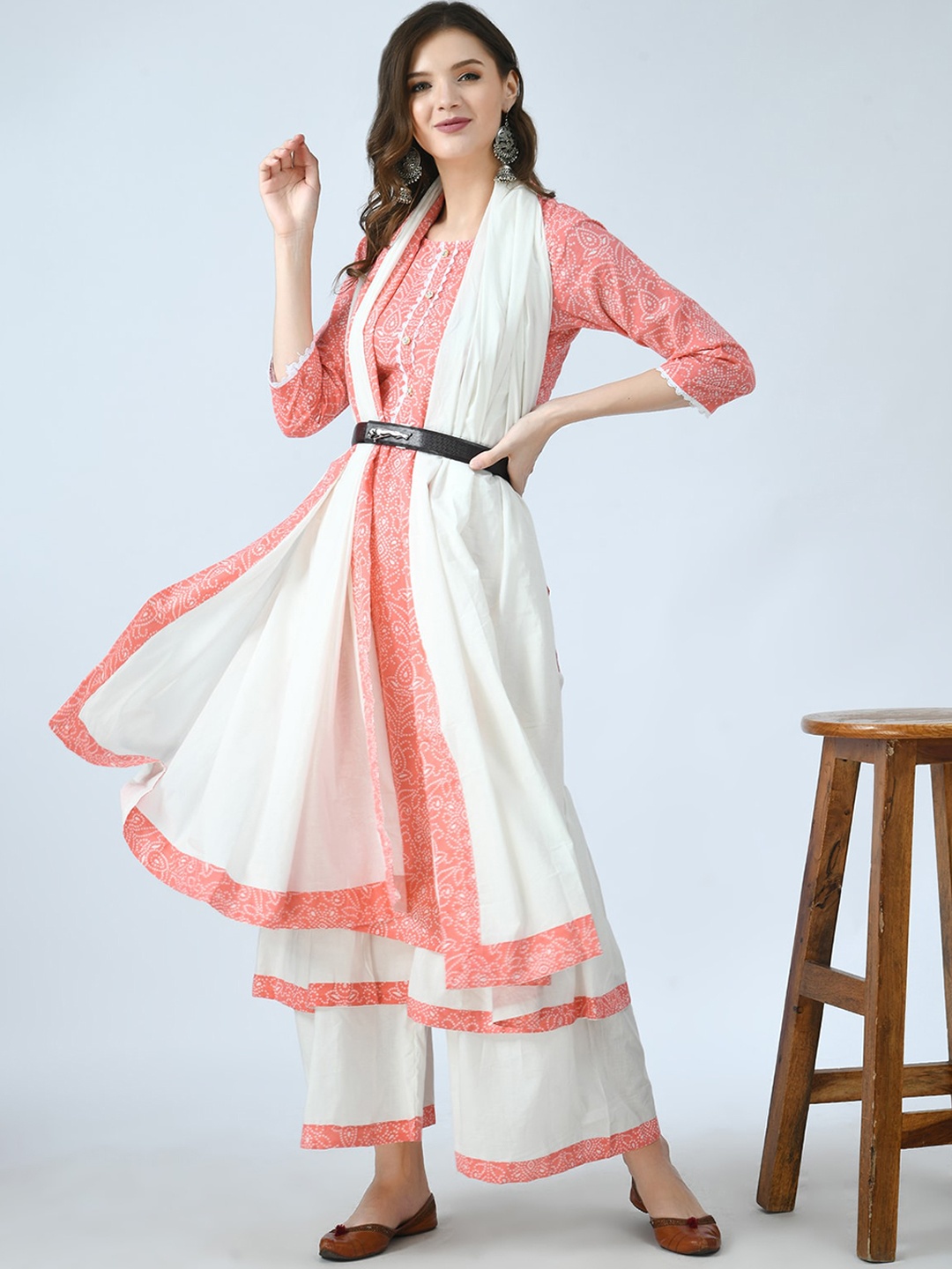 

MAFE Women Peach-Coloured Printed Angrakha Pure Cotton Kurti with Palazzos