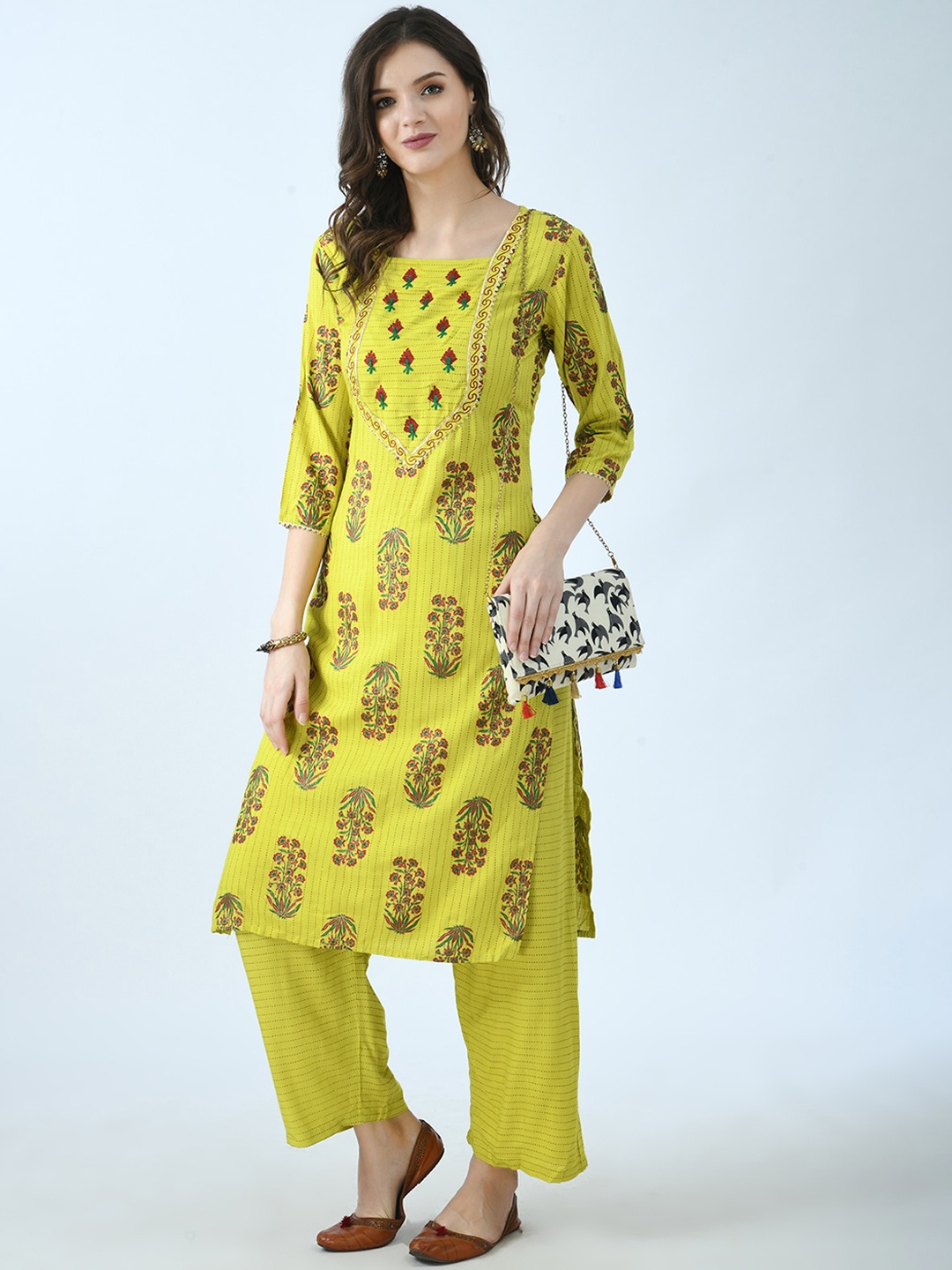 

MAFE Women Lime Green Floral Printed Kurti with Palazzos