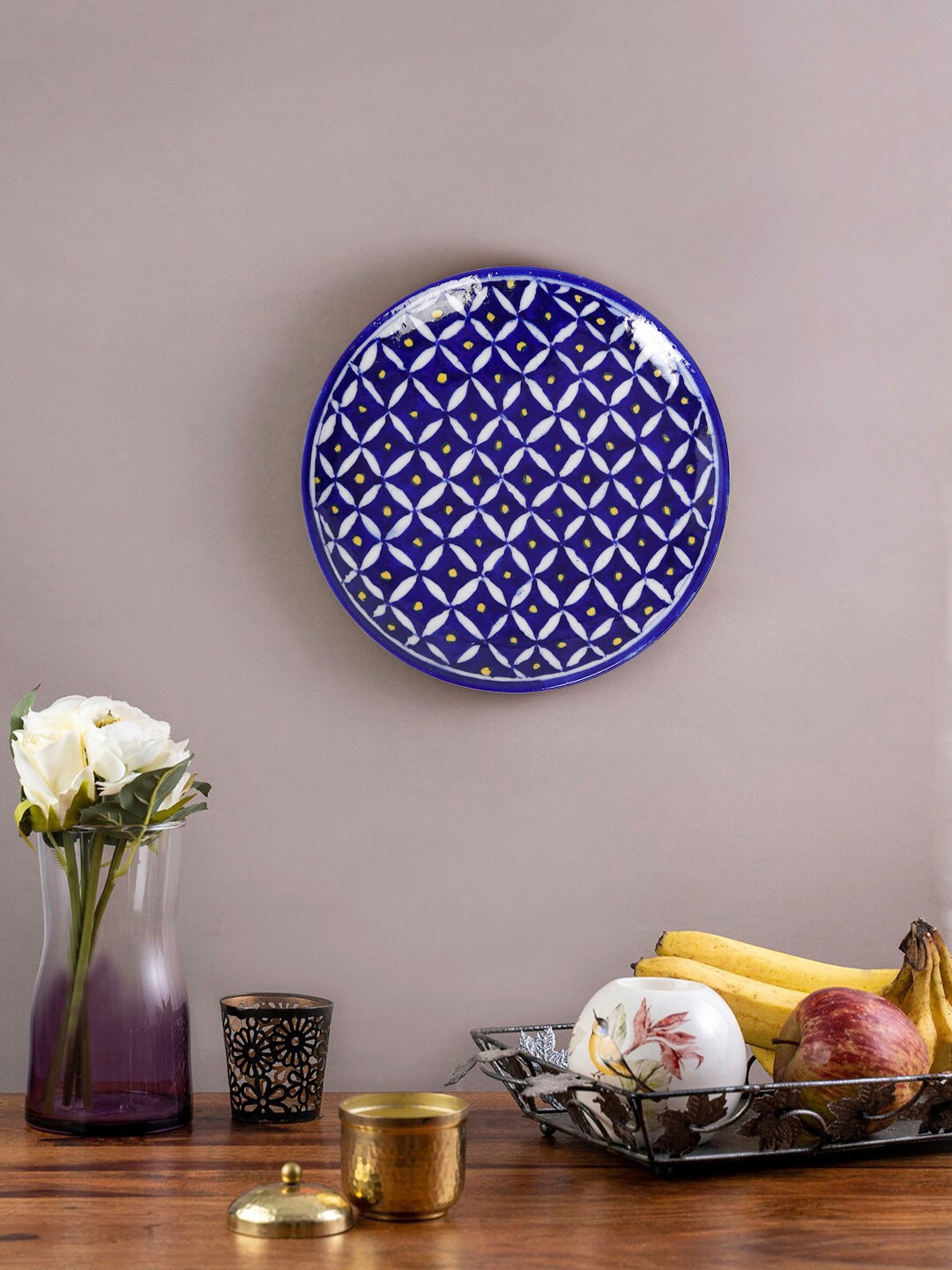 

EK BY EKTA KAPOOR Blue Handcrafted Pottery Decorative Plate with Abstract Pattern