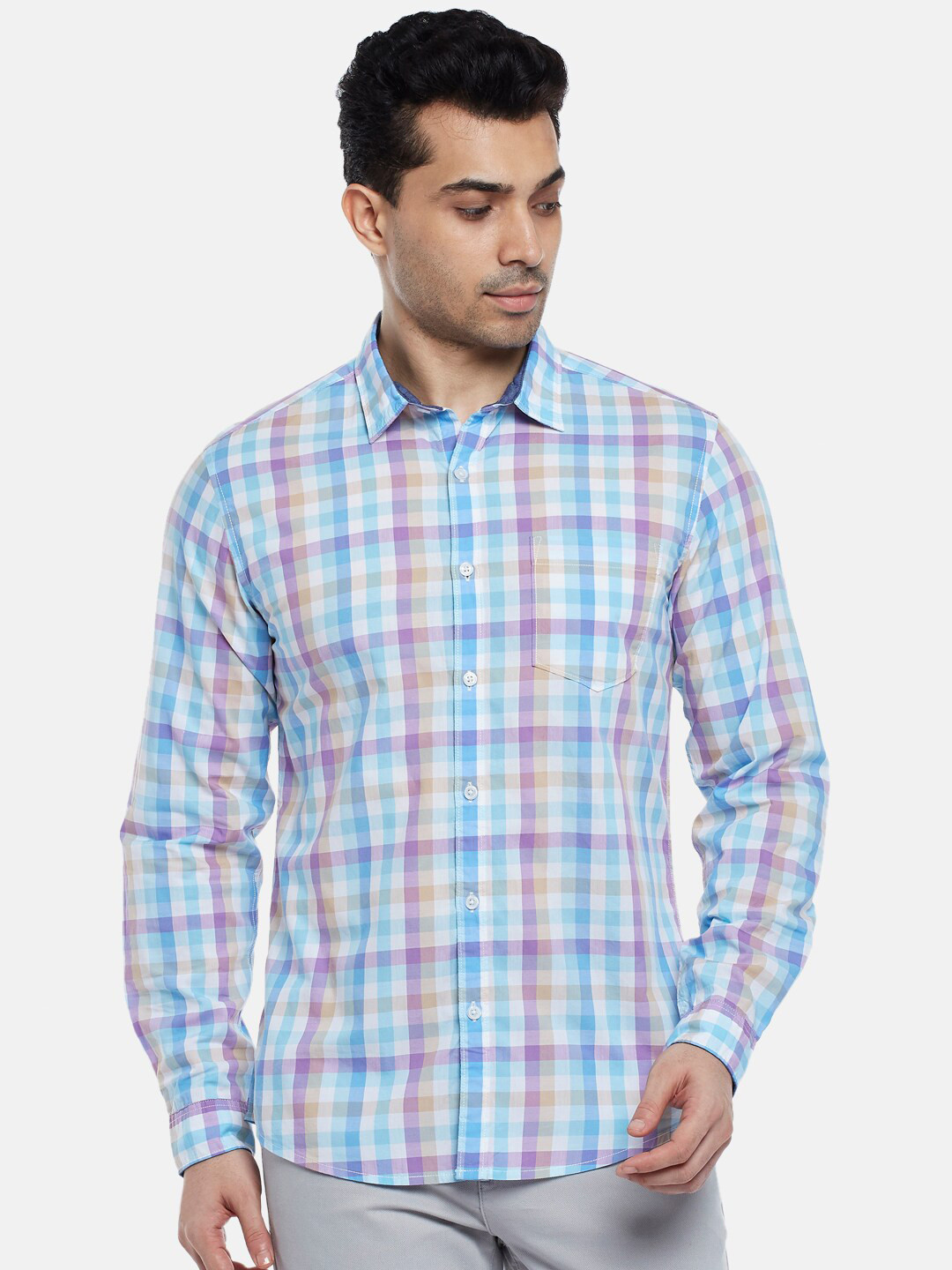 

BYFORD by Pantaloons Men White Slim Fit Tartan Checks Checked Casual Shirt
