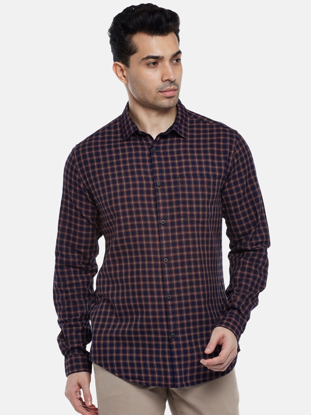 

BYFORD by Pantaloons Men Navy Blue Slim Fit Buffalo Checks Checked Casual Shirt
