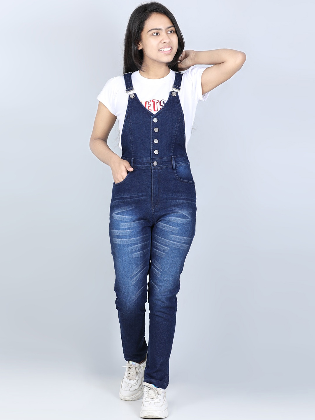 

StyleStone Girls Navy Blue Solid Cotton Skinny-Fit Denim Dungarees