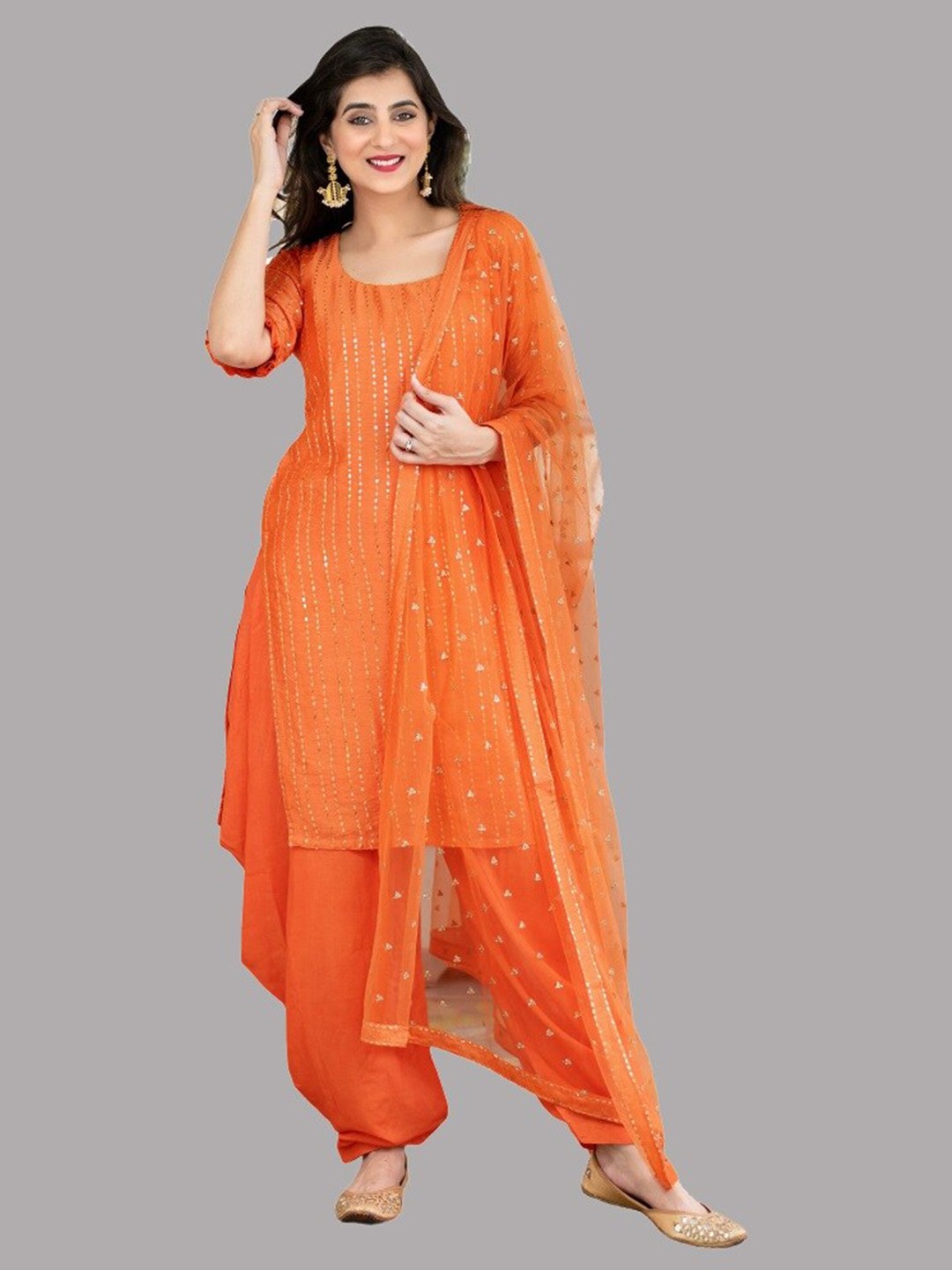 

Fashionuma Orange Pure Silk Semi-Stitched Dress Material