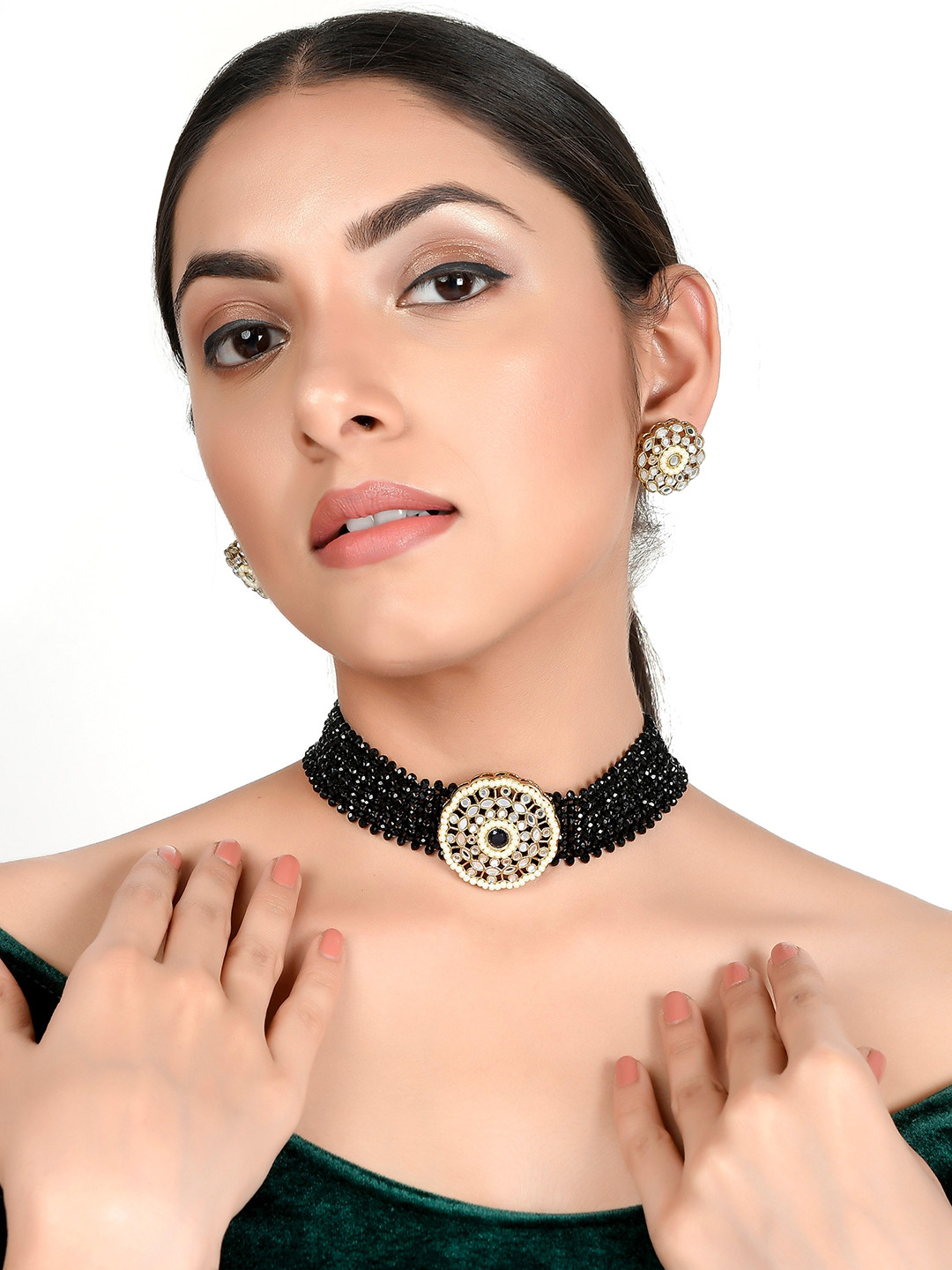 

AQUASTREET JEWELS Gold-Plated Black & White Stone-Studded & Beaded Mirror Work Jewellery Set