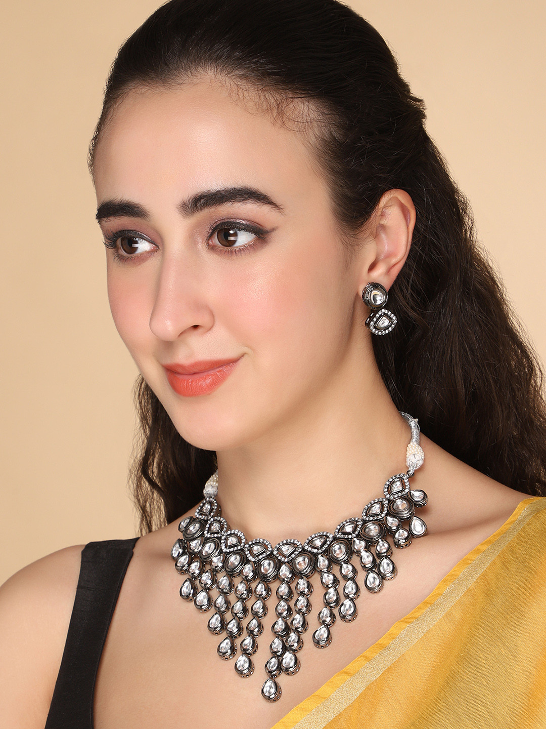 

AQUASTREET JEWELS Black Rhodium Plated Tasselled Kundan Necklace Jewelry Set